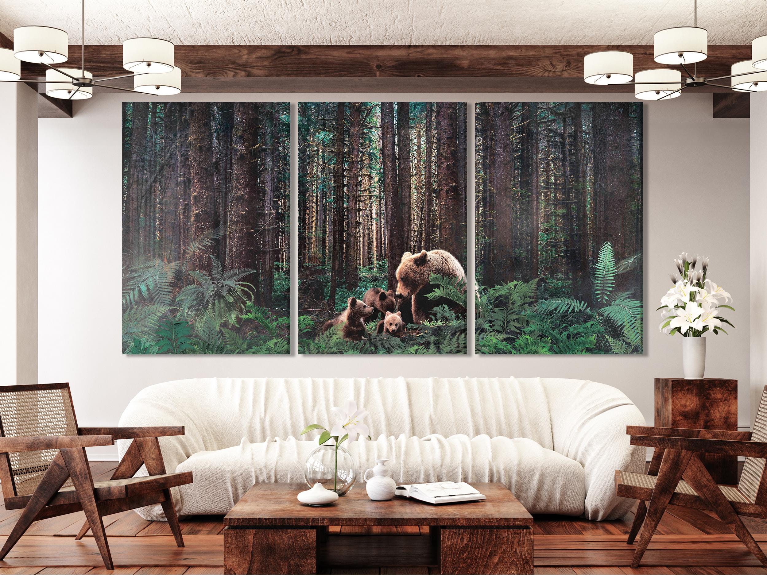 Leinwandbild Waldbärenfamilie, 3-teiliger Waldtierdruck, rustikales Bauernhausdekor, Landhaus-Waldland-inspirierter Wandkunstdruck
