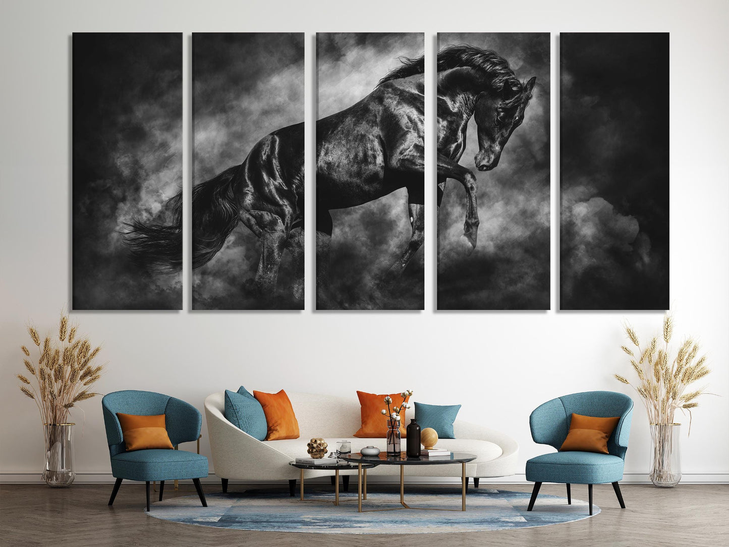 Art mural Noir Cheval, Grande impression sur toile équine, Œuvre d'art cheval noir, Impression d'art équestre moderne, Décoration murale grand format, Idée cadeau pour les amoureux des chevaux