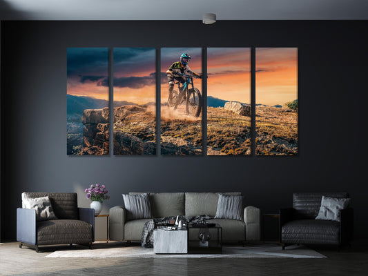 Mountain Biker Canvas Print, Large Sunset Trail Wall Art, Oversized Sports Decor, Perfect Gift bike lover, Dynamic Game or Sports Room Decor