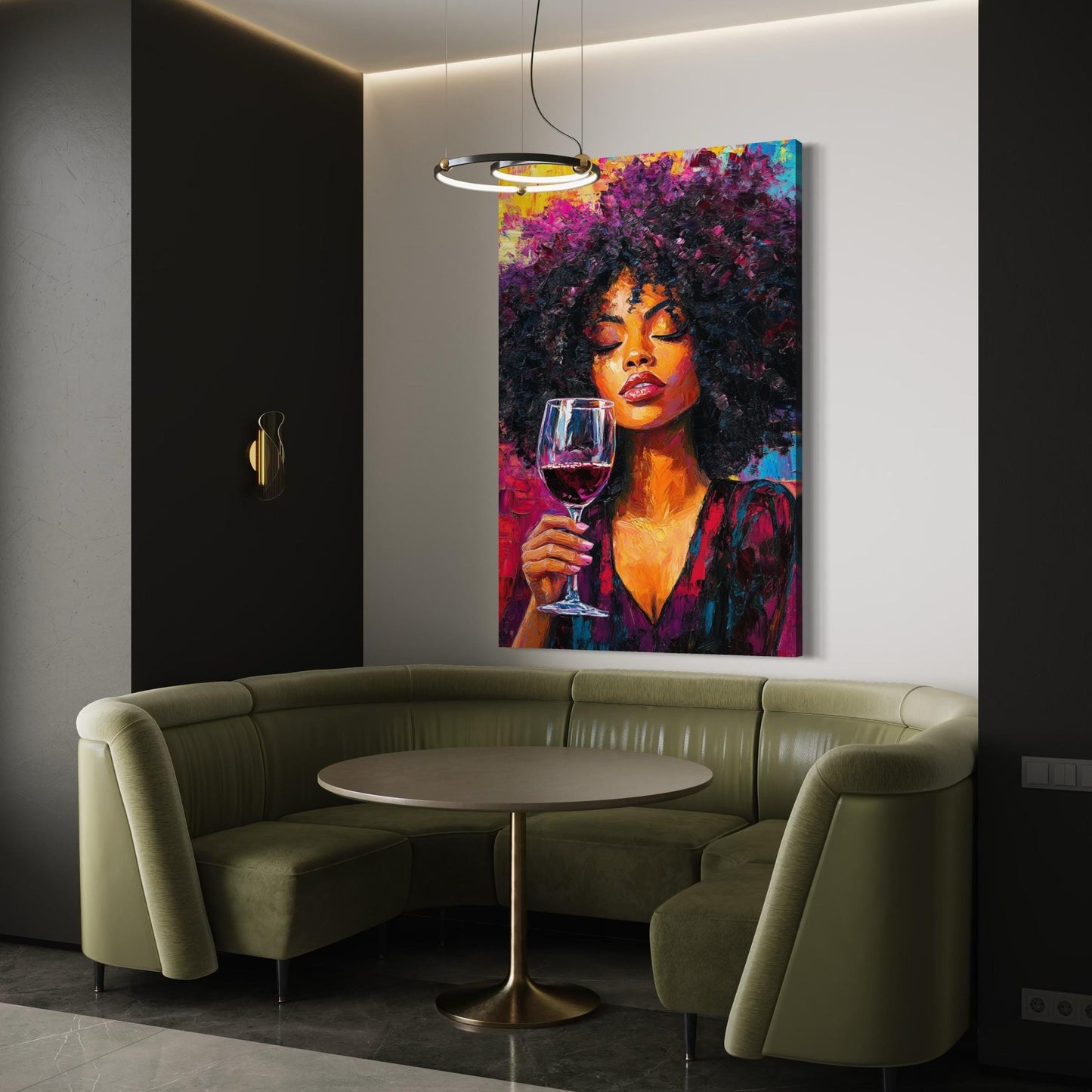 Arte de la pared de la mujer y el vino - Arte de lona de mujeres negras, pintura de amantes del vino, arte de pared afrocéntrico moderno, arte del vino para la decoración del bar o el restaurante de pared