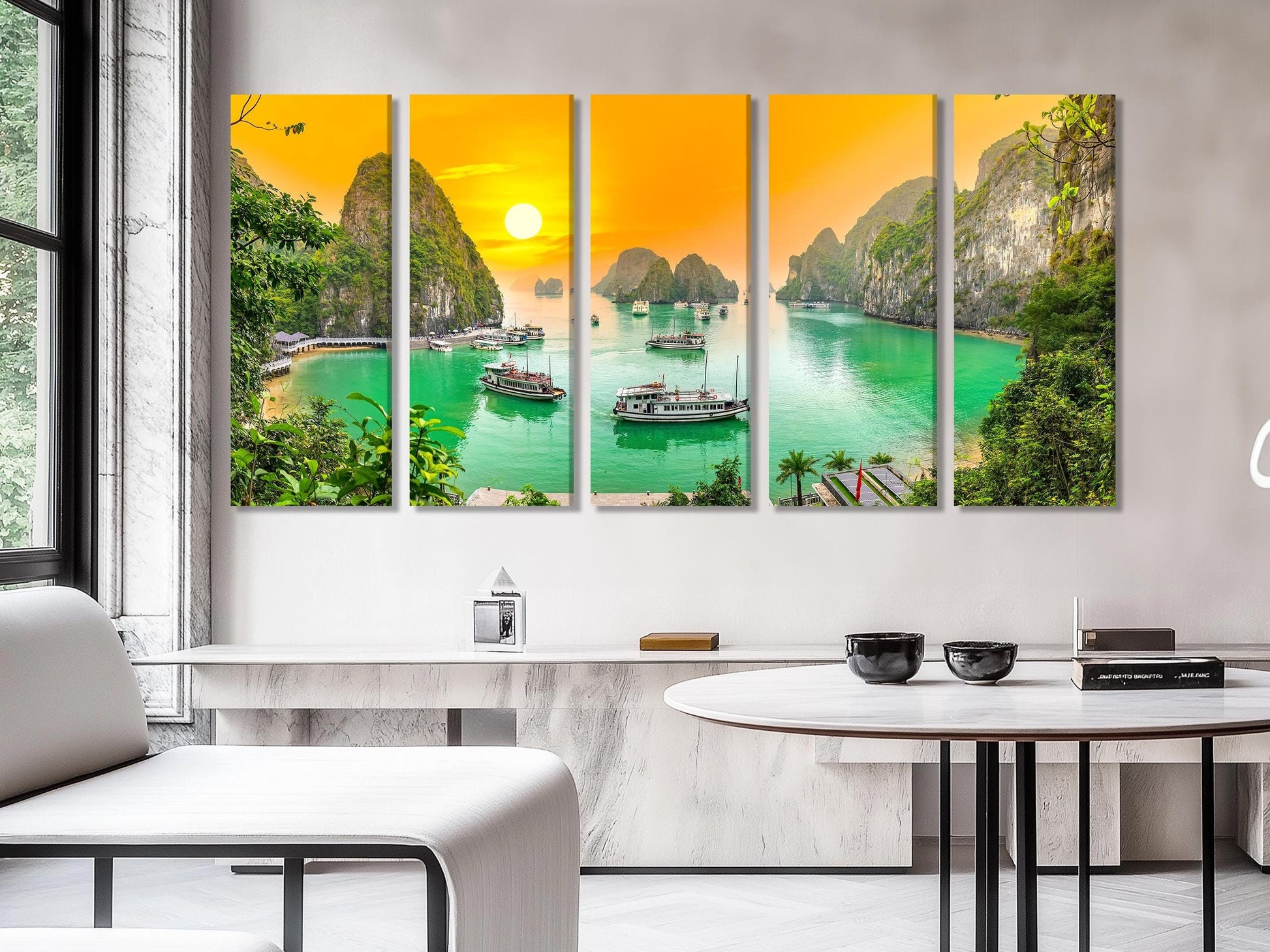 Breathtaking multi-panel wall art depicting a tranquil bay at sunset, showcased as a vibrant canvas print.