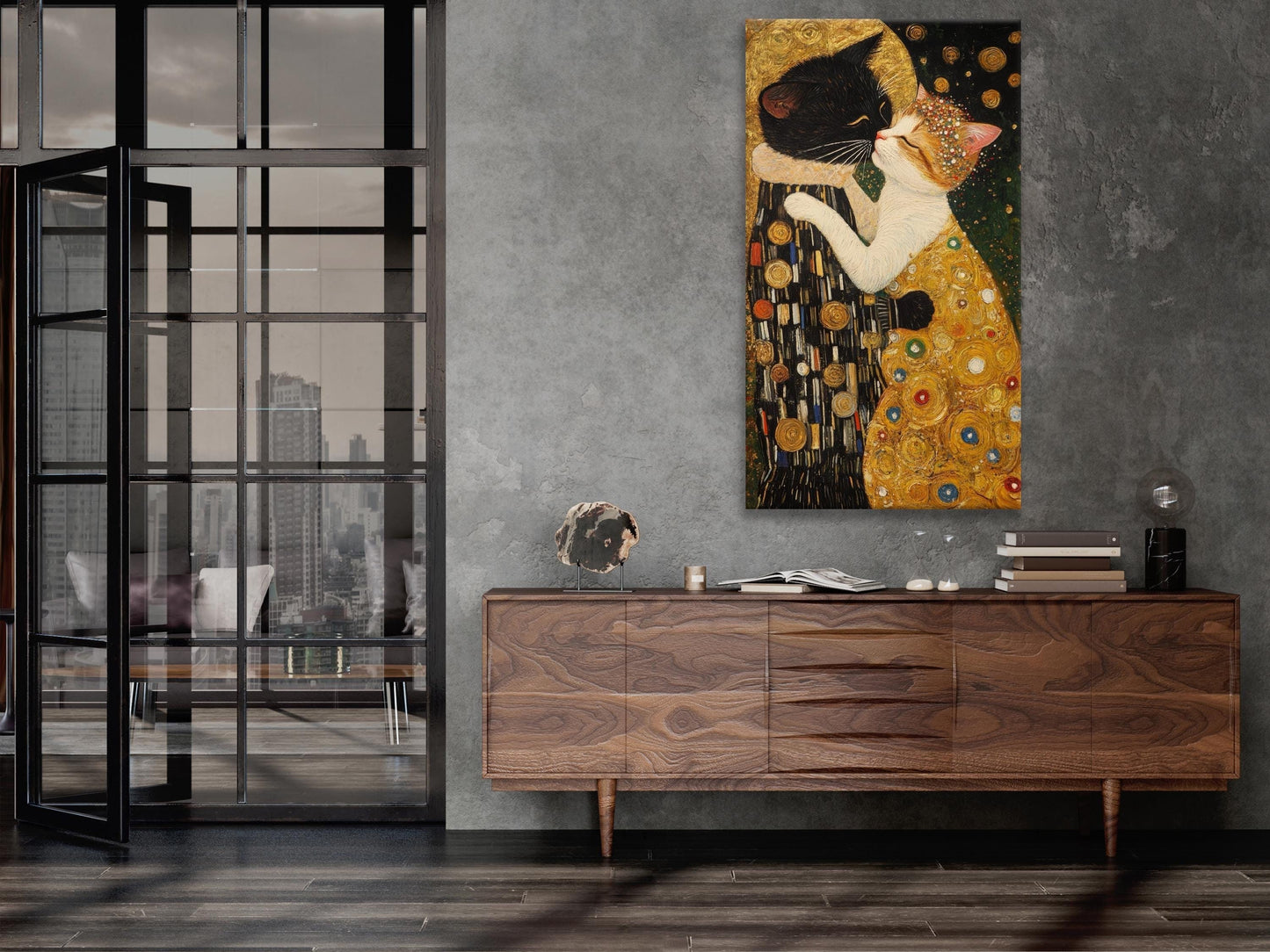 The Kiss: Cat Version Wall Art - Gustav Klimt Inspirado de arte, arte de pared de gato moderno, arte de lona de gatos, idea de regalo de gatos amantes, pintura de gatos grandes