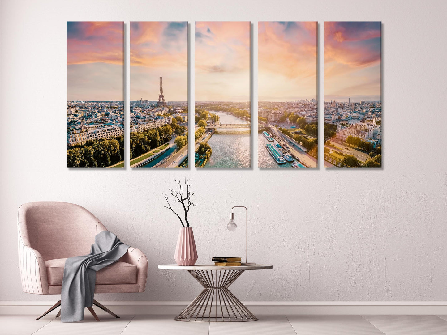 Paris Aerial Canvas Print, Large Eiffel Tower Wall Art, Oversized River Seine Summer Panorama, Romantic French Wall Decor, Soft Pink Artwork