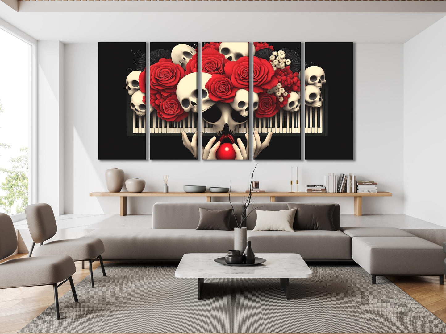 Gótico Piano Wall Art Skull and Roses Canvas estampado Floral Dark Floral Art Music Music Studio Decor Macabre Home Decor Music Lover regalo