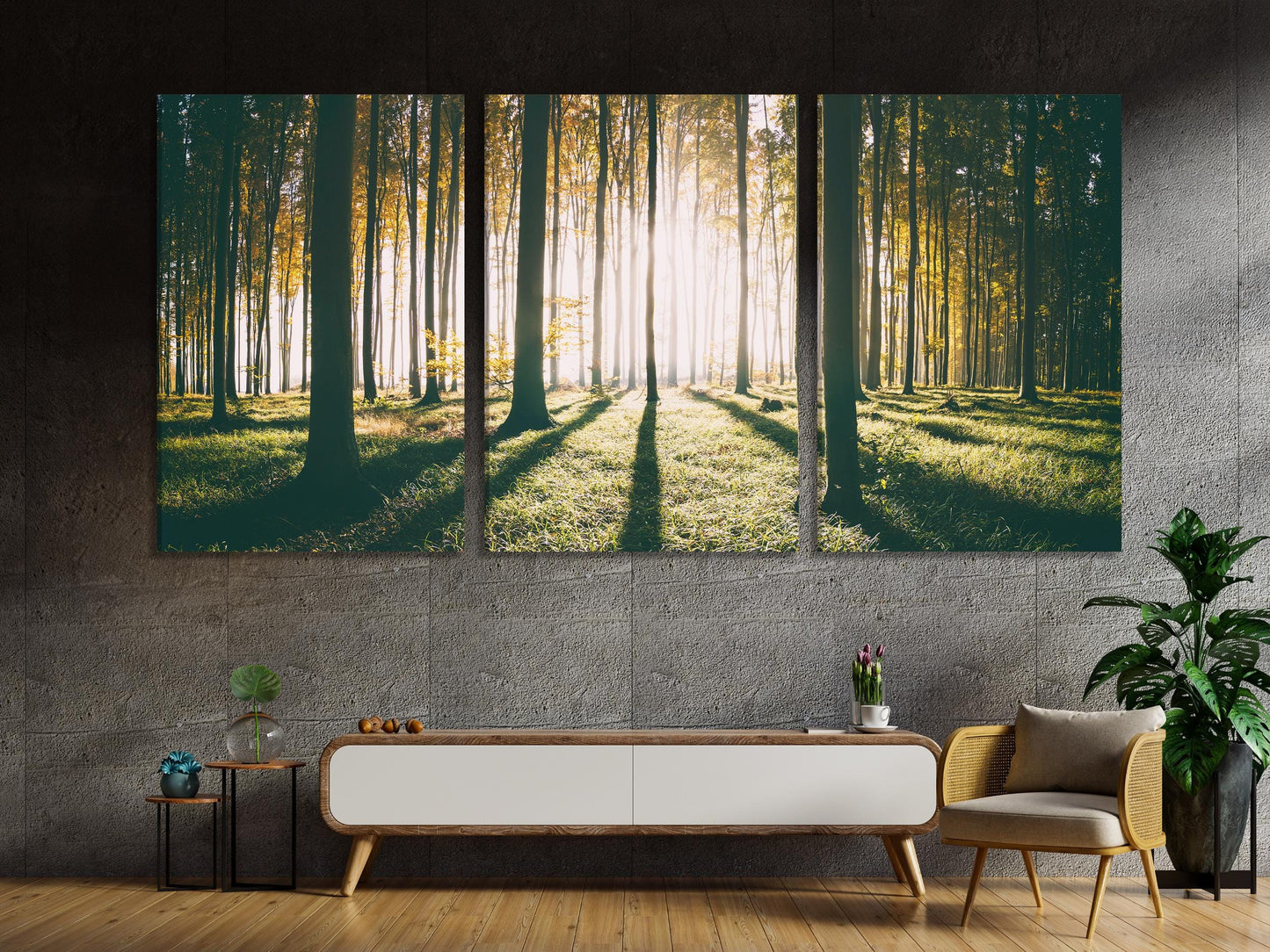 Inviting woodland scene painting showcasing lush greenery and radiant sunbeams, presented as an elegant wall art piece for a soothing natural-inspired artwork display.