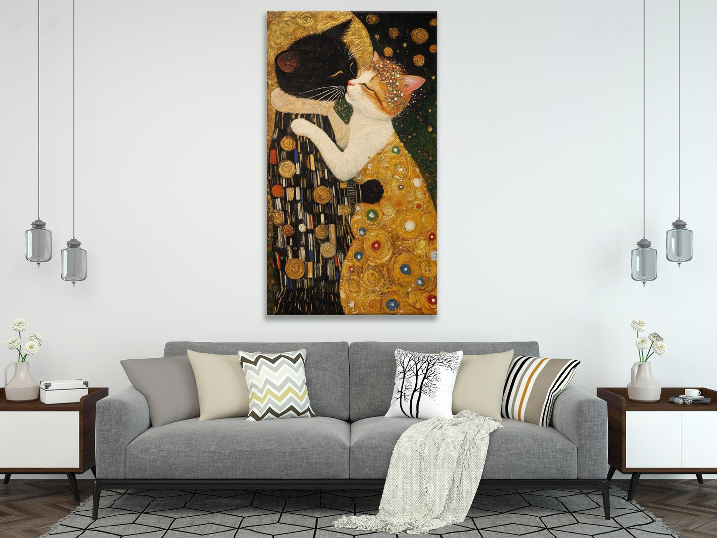 The Kiss: Cat Version Wall Art - Gustav Klimt Inspirado de arte, arte de pared de gato moderno, arte de lona de gatos, idea de regalo de gatos amantes, pintura de gatos grandes