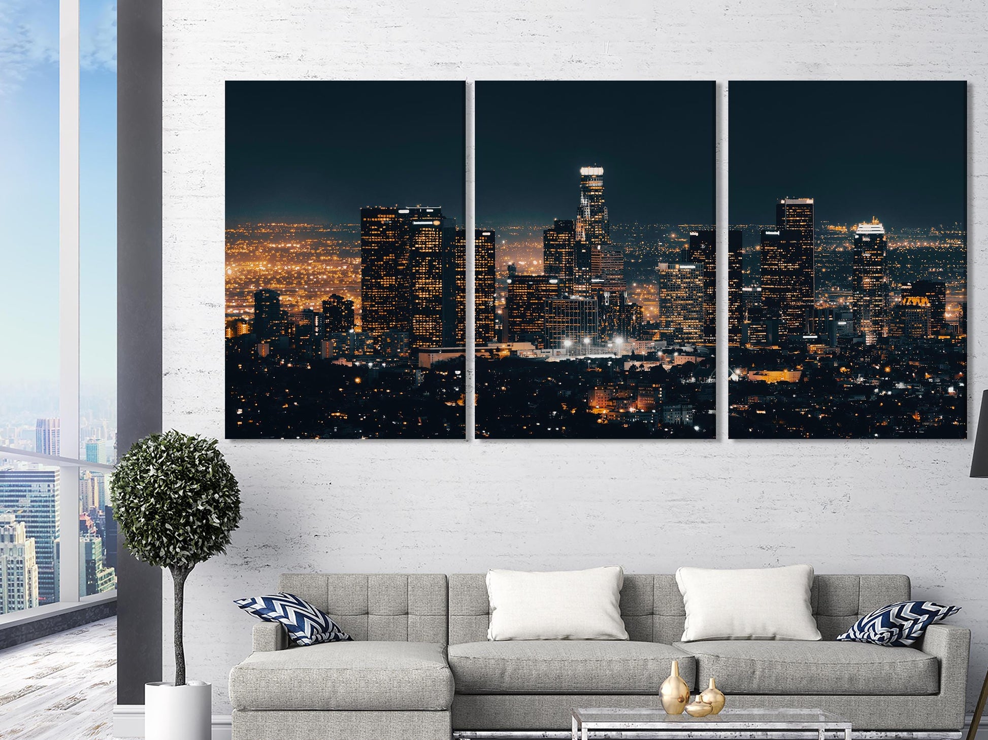 Vibrant downtown L.A. canvas print featuring twinkling skyscrapers and panoramic night views, delivering a striking skyline painting that enhances contemporary wall art collections.