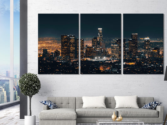 Vibrant downtown L.A. canvas print featuring twinkling skyscrapers and panoramic night views, delivering a striking skyline painting that enhances contemporary wall art collections.