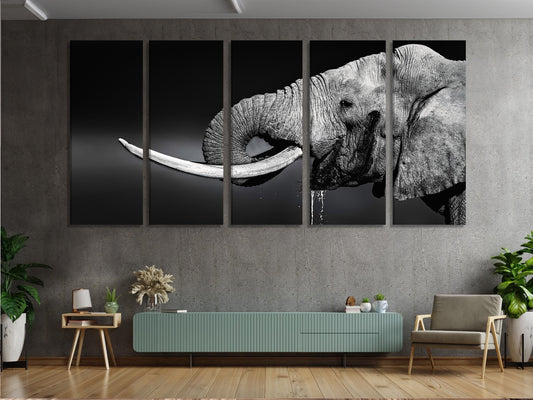 Bold elephant canvas print showcasing black-and-white contrast and intricate skin details, offering a sophisticated focal point for modern interiors.