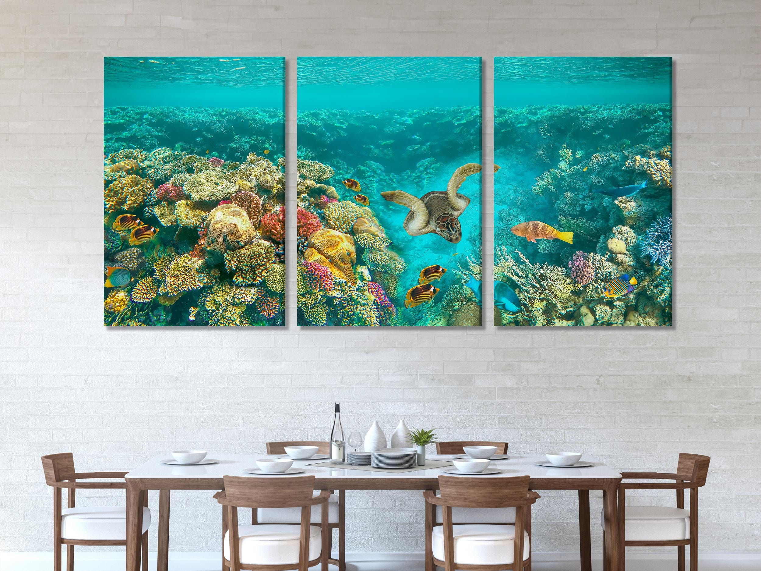 Cetakan Kanvas Terumbu Karang Bawah Air, Seni Dinding Penyu Laut dan Ikan Tropika, Landskap Lautan Besar, Hiasan Hidupan Marin, Karya Seni Laut Ceria