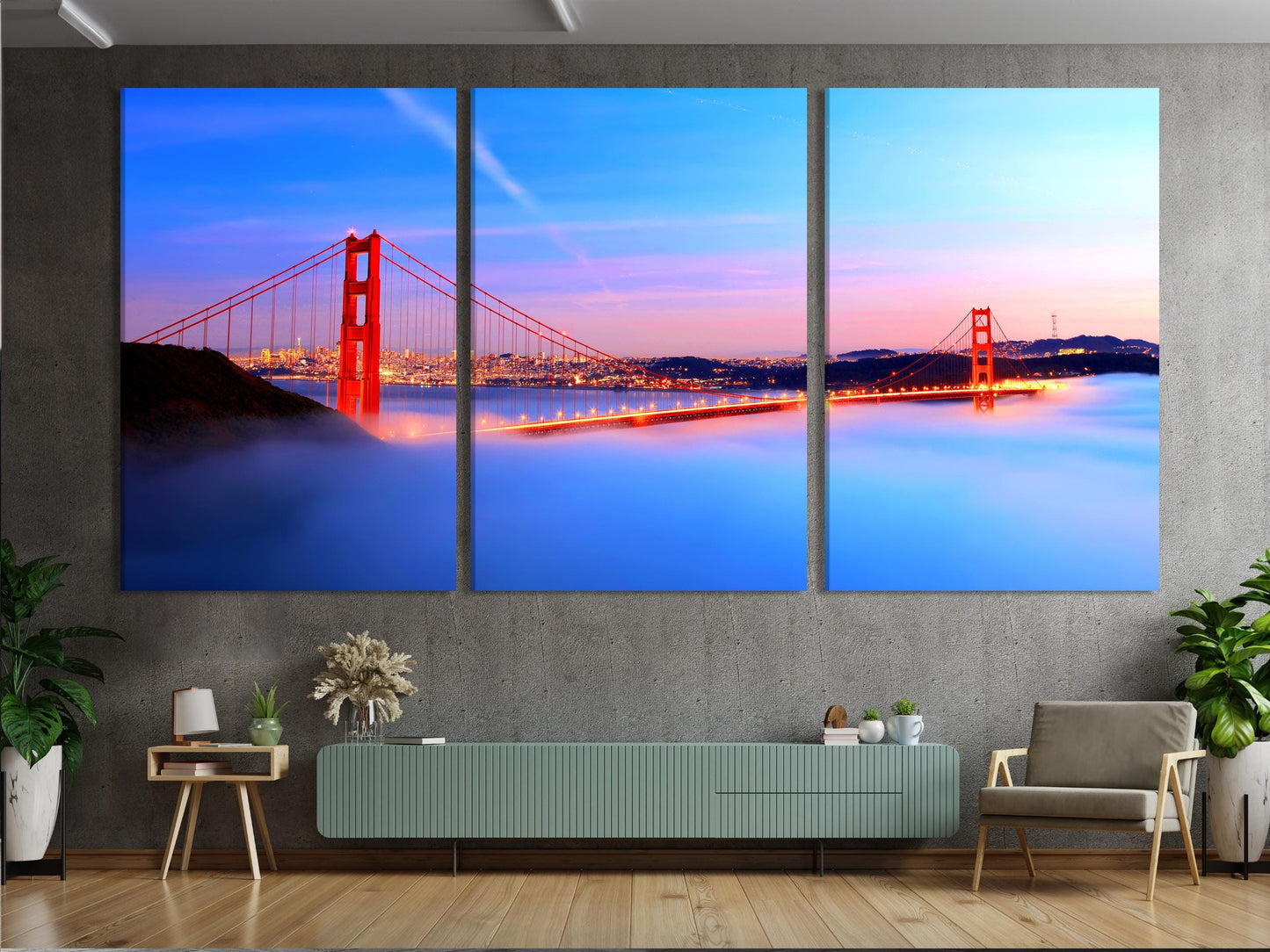 Stunning multi-panel wall art depicting the Golden Gate Bridge emerging from coastal fog at sunrise, rendered as a vibrant canvas print painting for urban skyline artwork lovers.