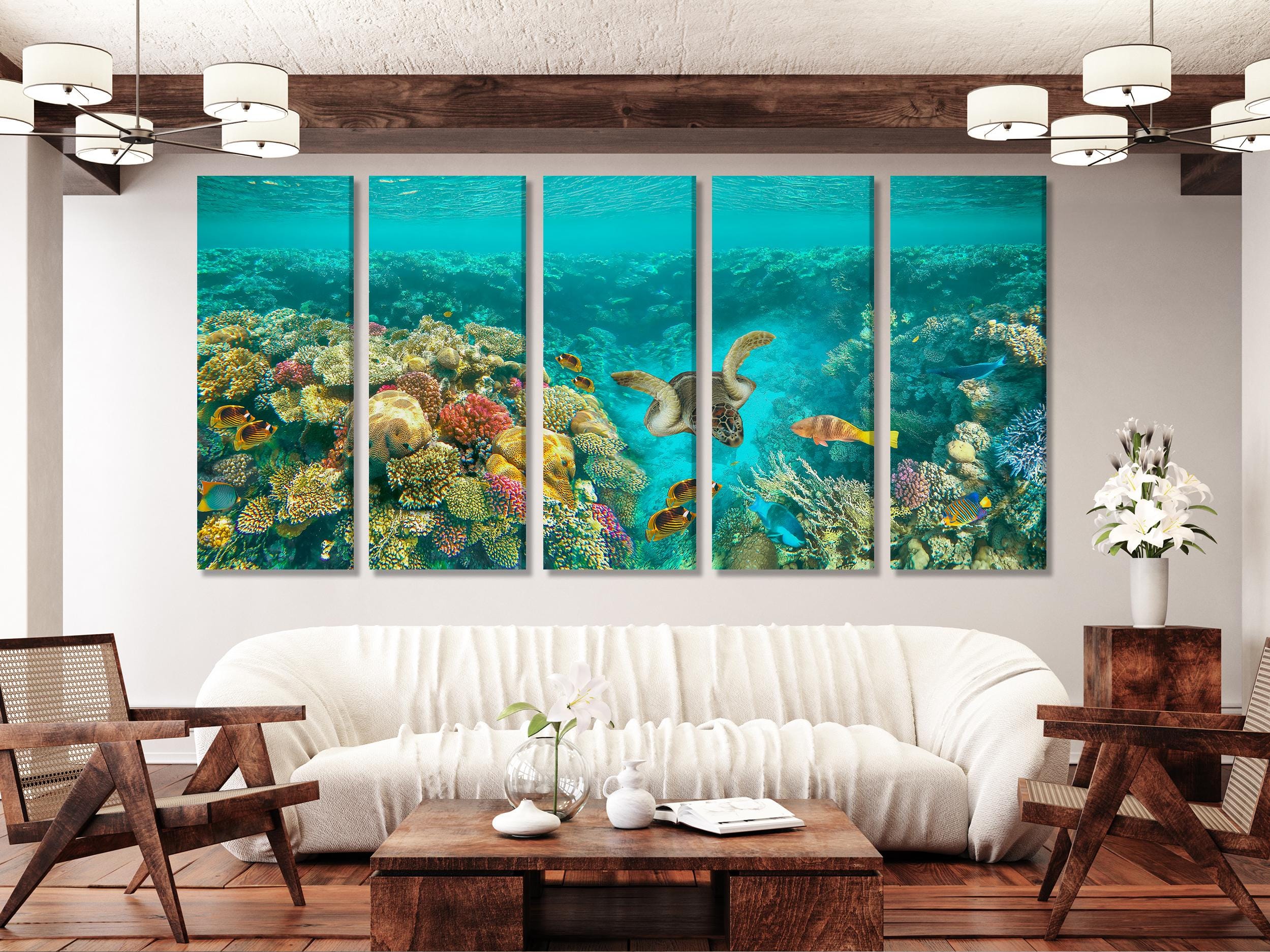 Cetakan Kanvas Terumbu Karang Bawah Air, Seni Dinding Penyu Laut dan Ikan Tropika, Landskap Lautan Besar, Hiasan Hidupan Marin, Karya Seni Laut Ceria