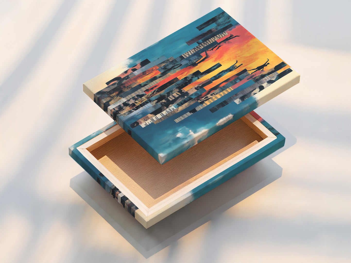 A stretched canvas print of abstract figure artwork. Teal blue and orange colors create a vibrant piece. Modern musical art perfect for home or studio decor. The stretched canvas provides a gallery ready look. Enhance your space with inspiring artwork. This canvas print brings life to any room. A stunning addition to your collection.