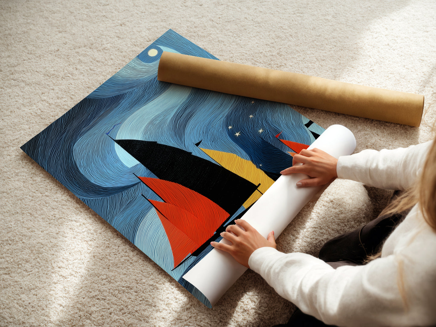 A woman is carefully rolling a fine art poster paper featuring a sailboat artwork. This high quality nautical print is perfect for adding a touch of coastal charm to any space. Ideal for art lovers seeking a unique sea lover gift.