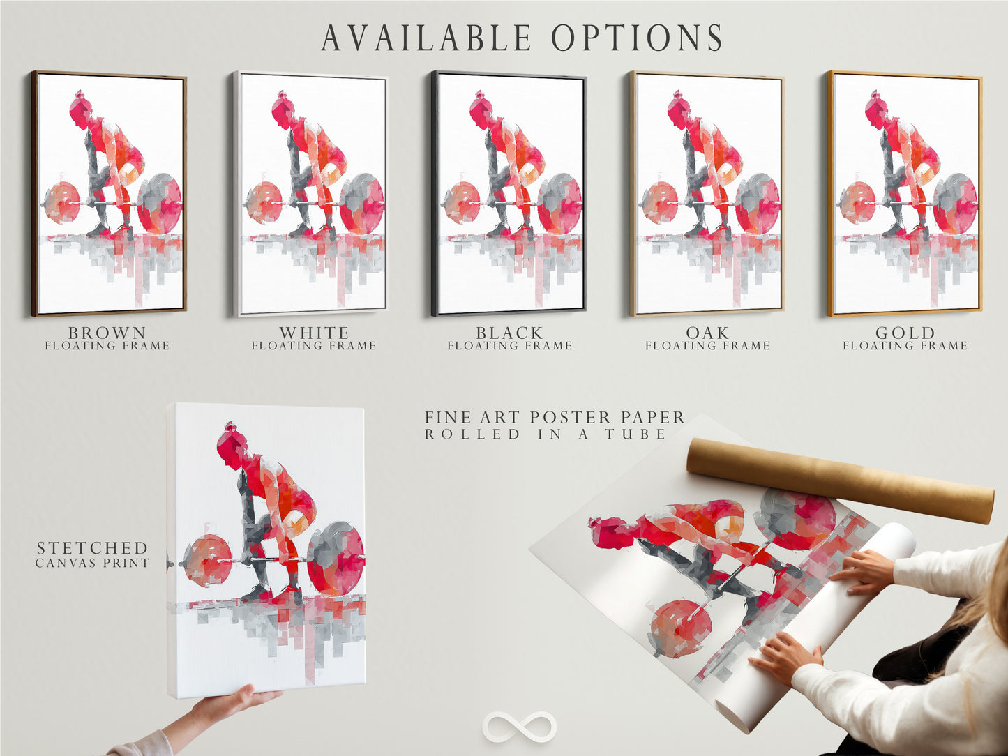 Available options for the geometric fitness artwork. Choose from a stretched canvas print fine art poster paper or floating frame. The red abstract gym poster customizes your workout space.
