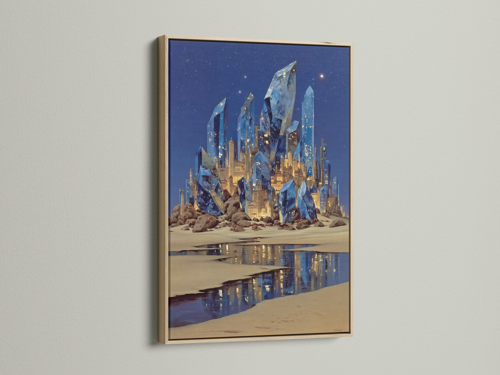 Discover fantasy crystal castle art framed in oak. The surreal blue crystal art enhances any room. This magical landscape is ideal for bedroom wall decor. The oak frame beautifully complements the mystical artwork. Elevate your home with this unique fantasy castle.