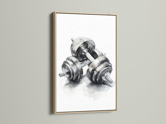 Artwork of dumbbells framed in an oak frame. This oak frame enhances the artwork. The light wood tones bring nature indoors. Discover how the right frame transforms your artwork.