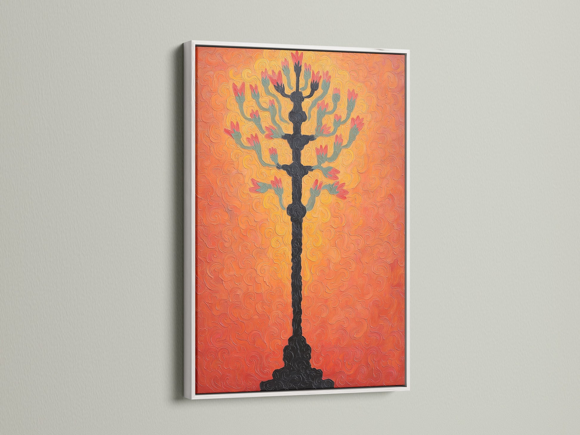 Botanical tree art print with a textured coral wall art background displayed within a white frame. The white frame offers a clean modern look. This floral art print will brighten any space in your home. A modern artwork for any entryway.