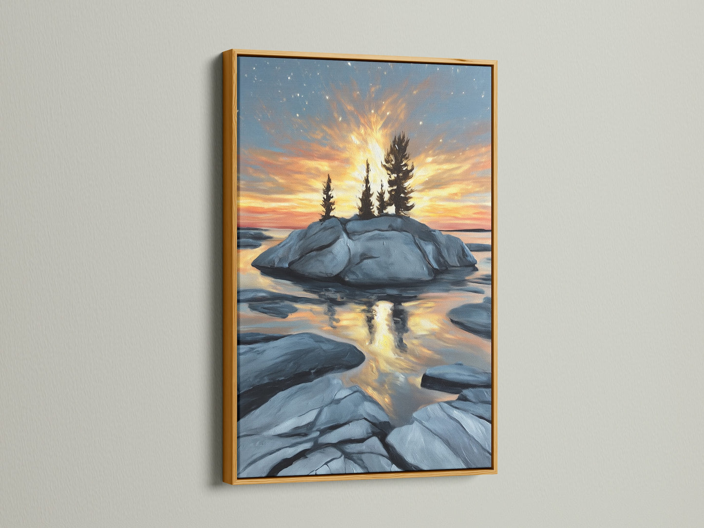 Golden frame highlighting a coastal sunset canvas print. This serene landscape artwork captures a golden hour seascape. Ideal wall decoration for homeowners and renters seeking calming coastal decor. A serene art print