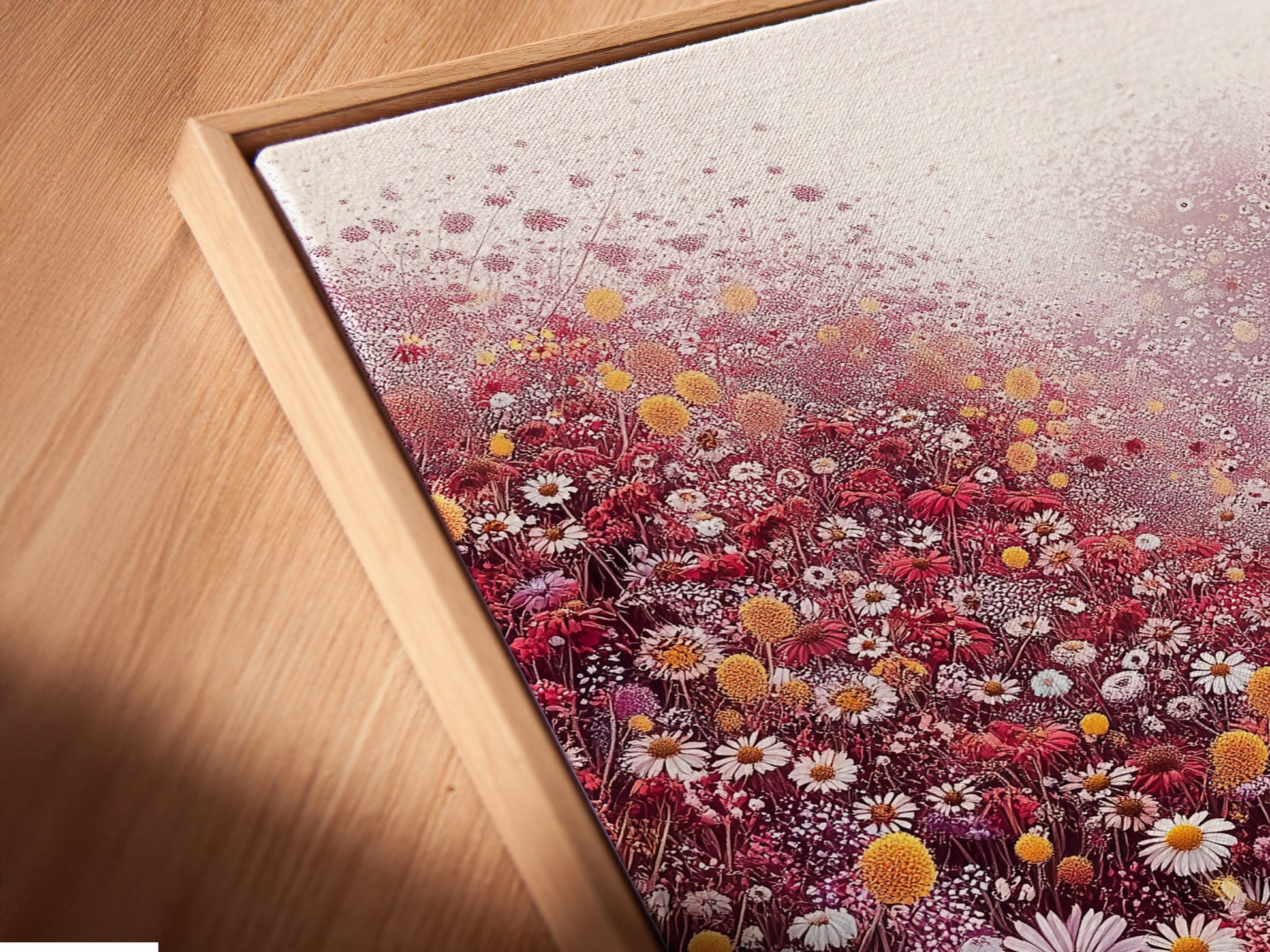An angled close-up reveals the texture of a canvas print. The canvas print is set in a floating frame. The floral meadow artwork is vibrant with red and white wildflowers. This creates a stunning visual effect. Perfect for adding depth to your art collection.