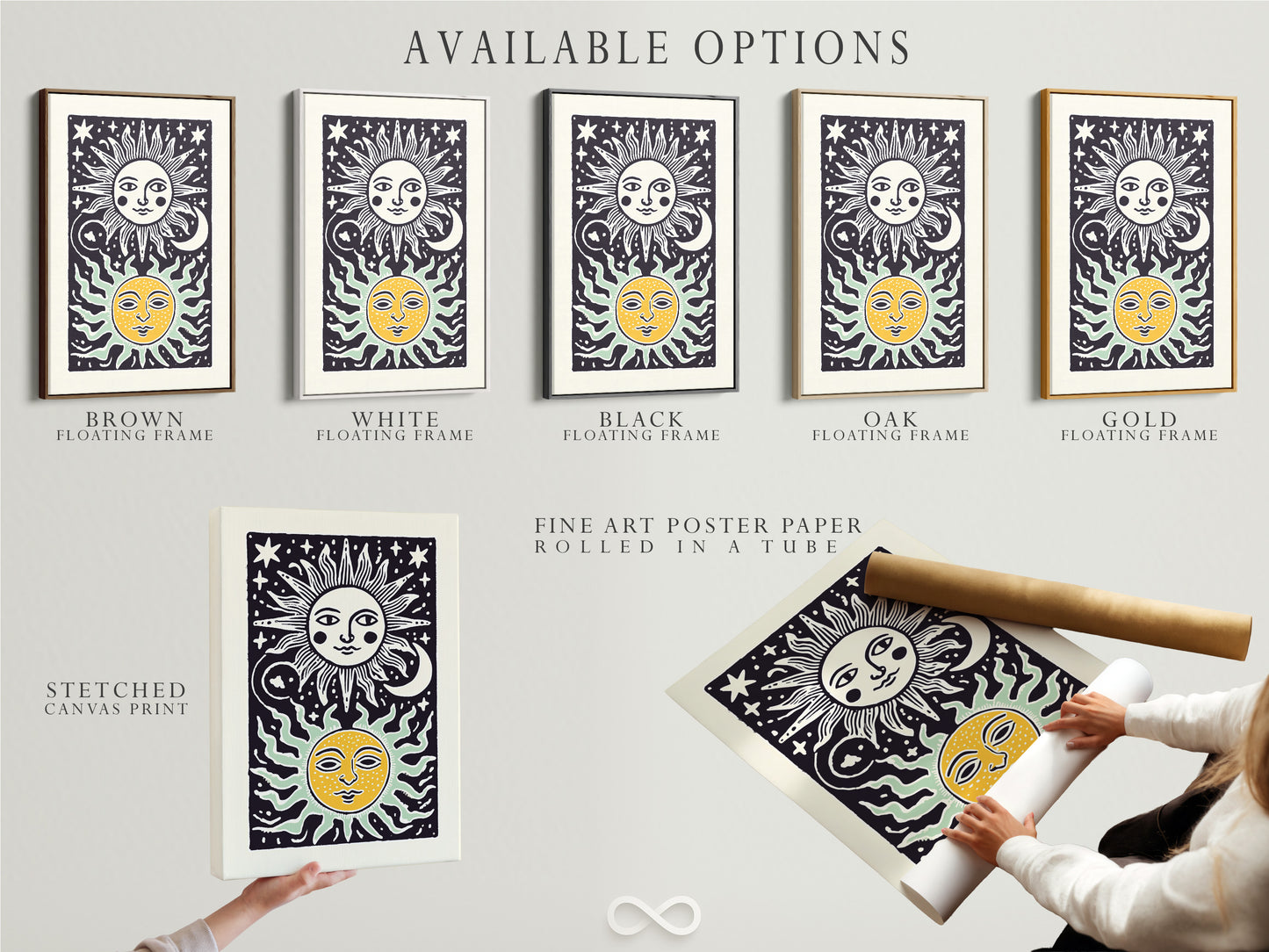 Available art options are displayed. Stretched canvas print is shown. Fine art poster paper is featured. A floating frame is also available. Choose the perfect art format. Enhance your space with beautiful art.