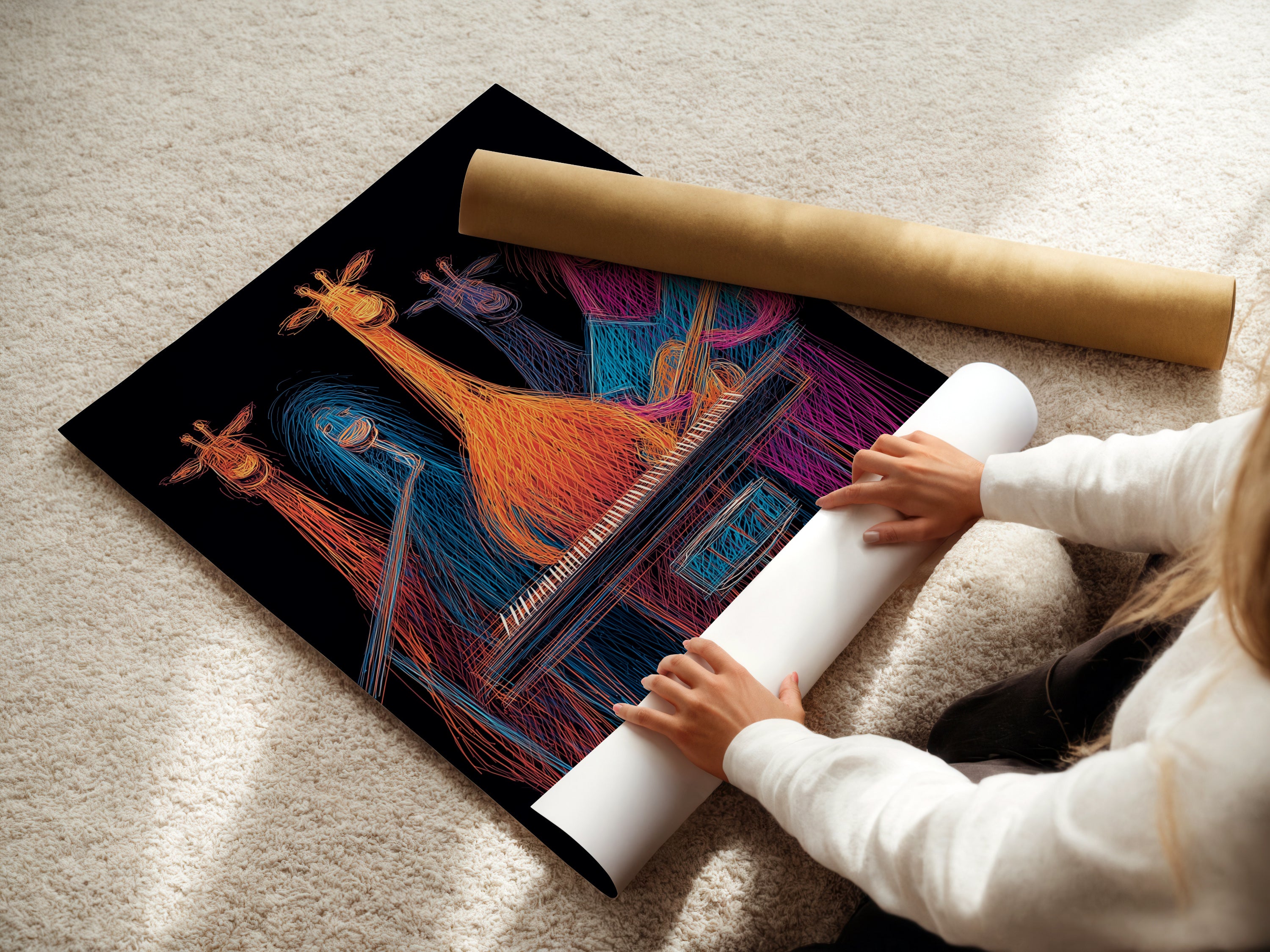 A woman rolls fine art poster paper. She is preparing to create giraffe band artwork. Colorful music wall art will soon be ready. Neon animal musicians will come to life. This funky animal print is perfect for music lovers. Vibrant animal art is coming soon.