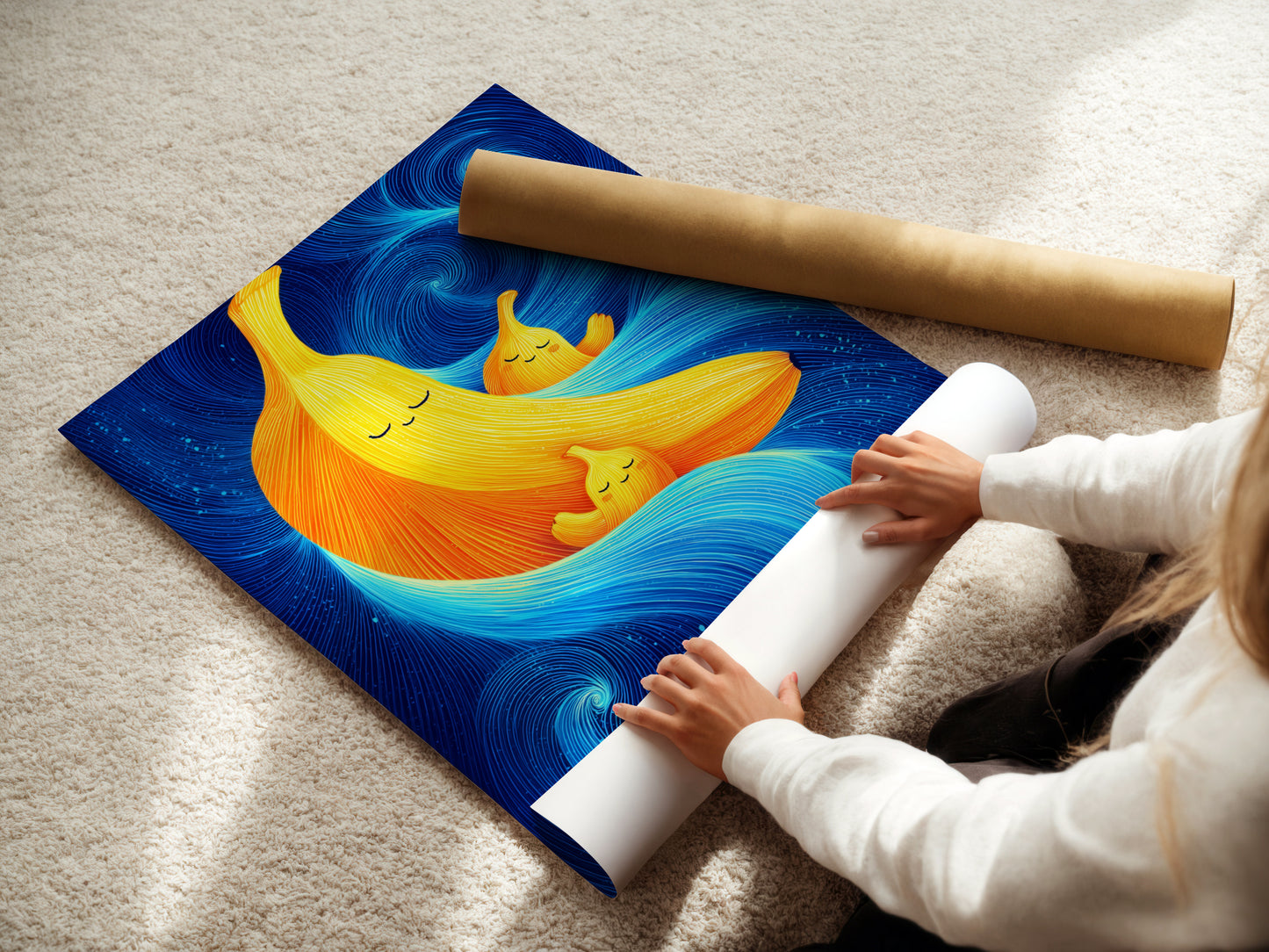 A woman is carefully rolling a fine art poster paper of the Banana Family Canvas artwork print. Ideal for nurseries playrooms schools daycare centers and children's hospitals. The whimsical art brings a playful touch.