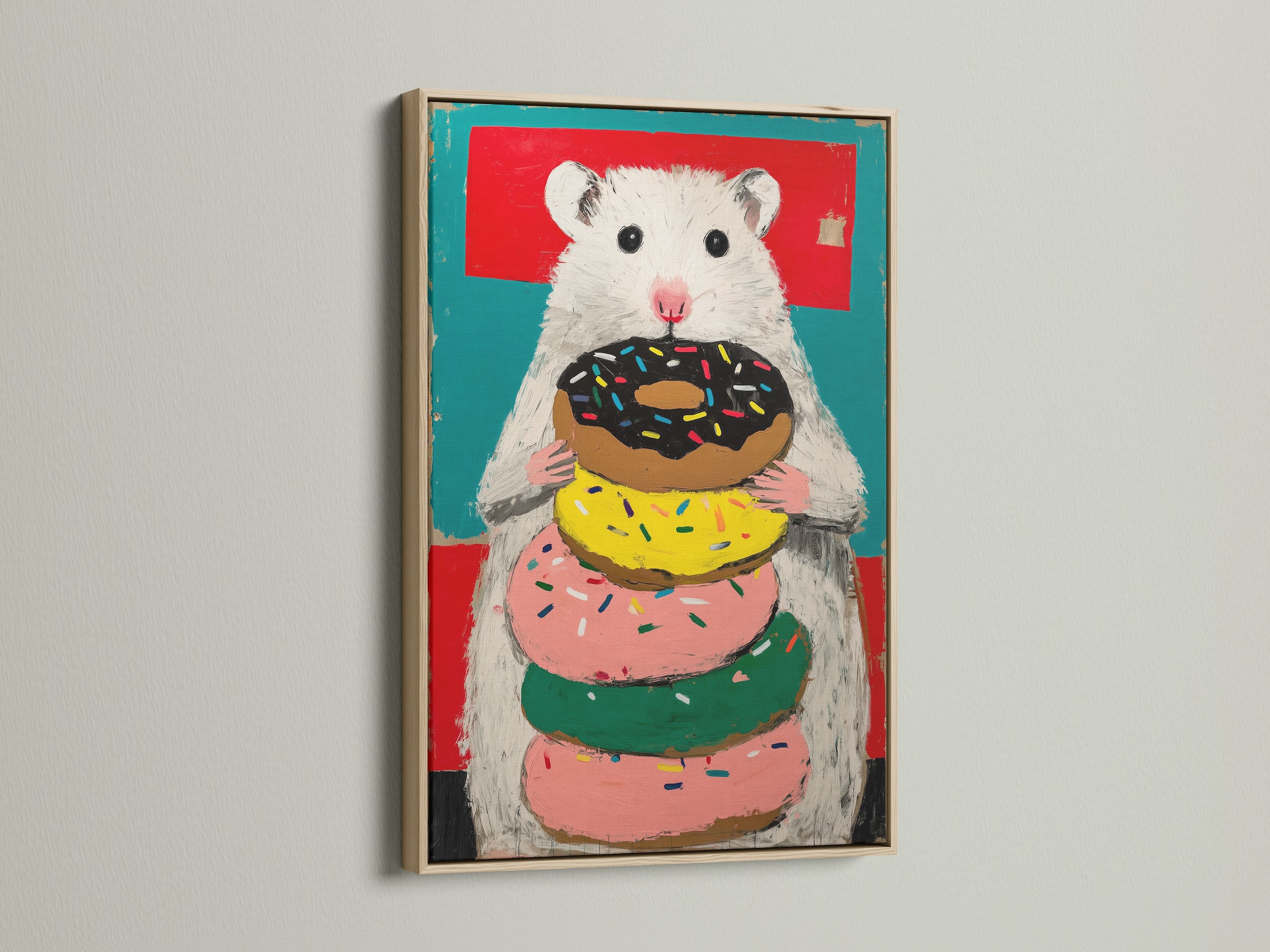 Hamster with Donuts artwork in an oak frame. This whimsical animal art brings fun to your space. This piece is perfect as kitchen wall decor. The primary color is pink.