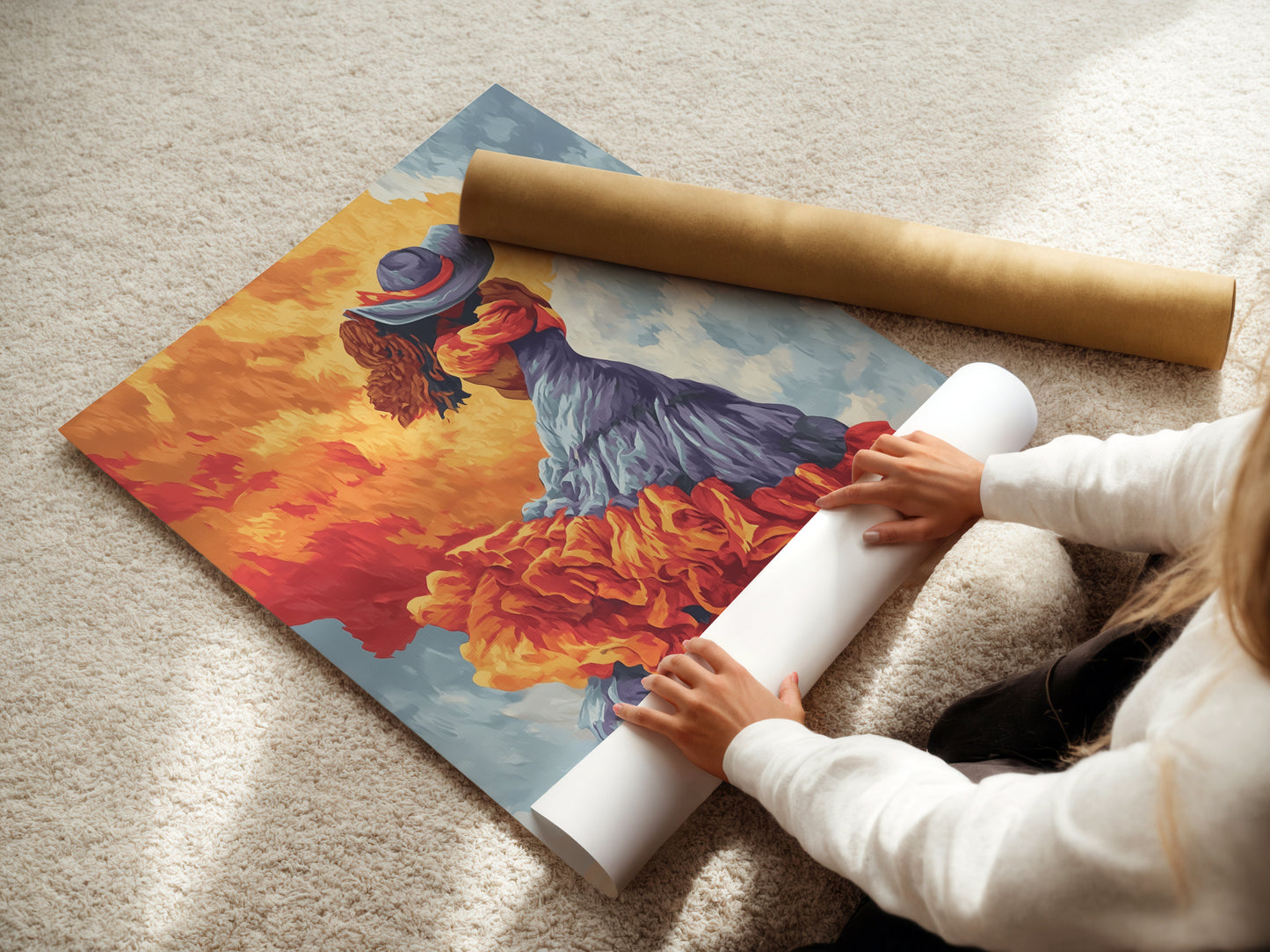 A woman rolls a fine art poster paper. High-quality materials ensure a beautiful art print. Perfect for creating stunning artwork. Ideal for framing and displaying in any space. Get your artwork today.