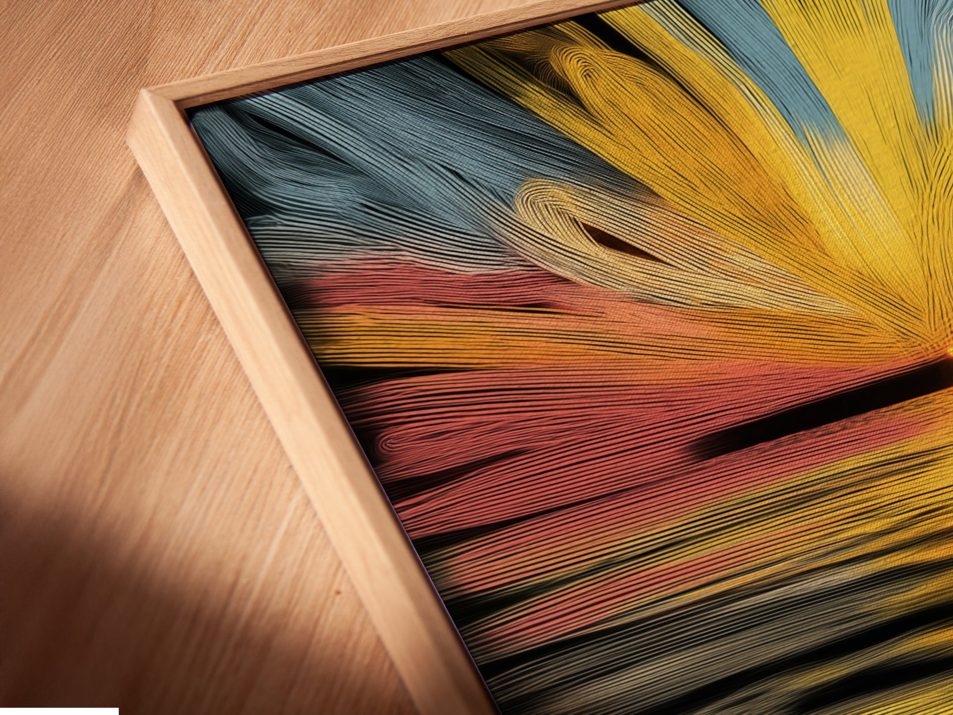 A close-up angled view reveals a canvas print in a floating frame. The abstract sunset artwork features golden ocean waves. The textured wall decor adds a modern touch to any space. This piece complements coastal minimalist and contemporary styles. It is perfect for living rooms and bedrooms.