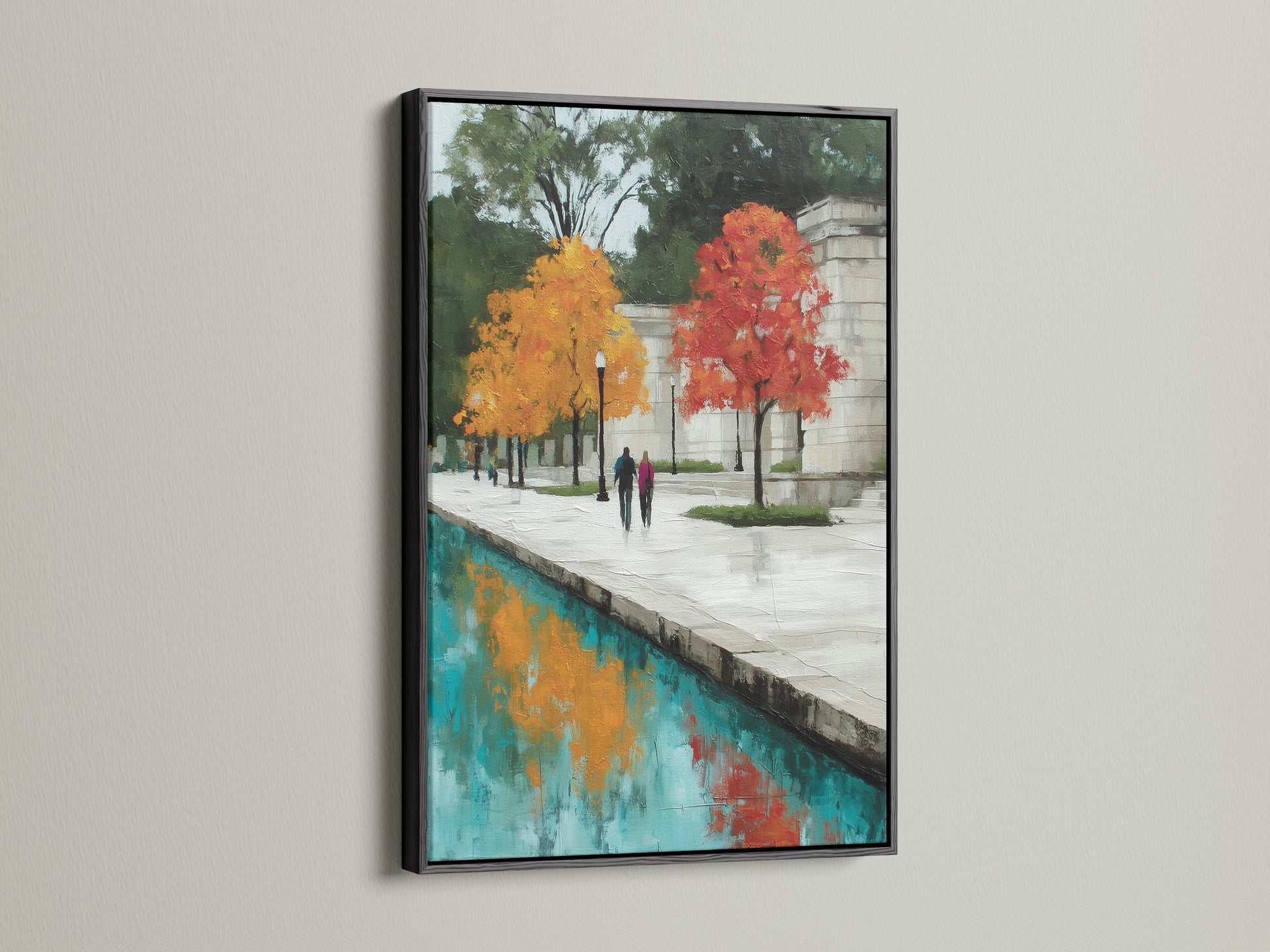 View the urban canal artwork. It is presented in a black frame. A black frame adds a bold and stylish element. The artwork showcases a cityscape with autumn colors. It's suitable for bedroom wall decor. This piece enhances your home with its urban charm. It brings modern landscape indoors.