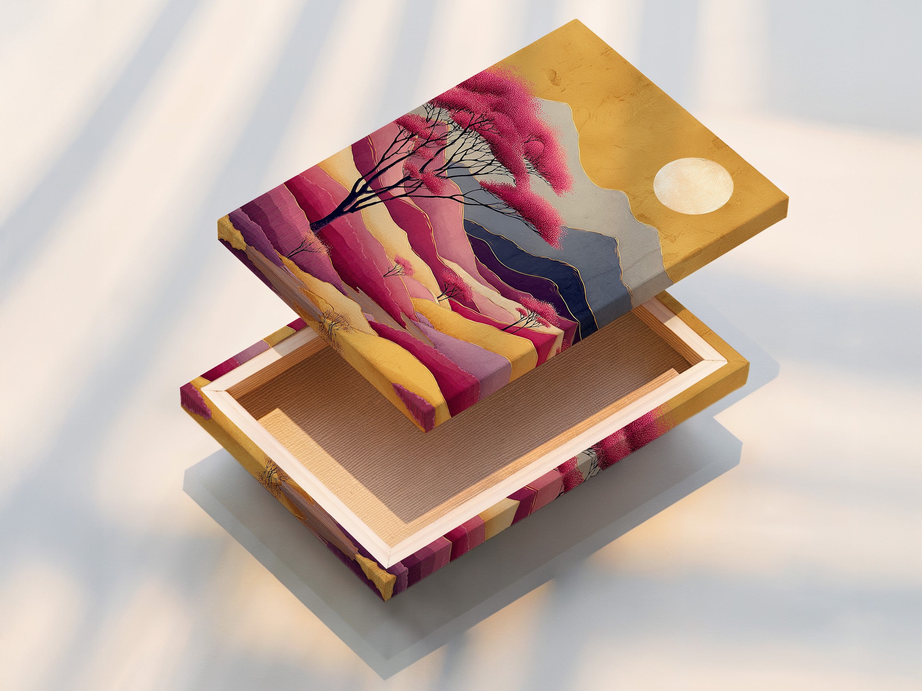 Stretched canvas print of abstract mountain artwork. The pink purple landscape provides modern wall decor. The nature artwork complements minimalist styles. Great for offices or spas. Geometric mountain adds a contemporary touch to any room.