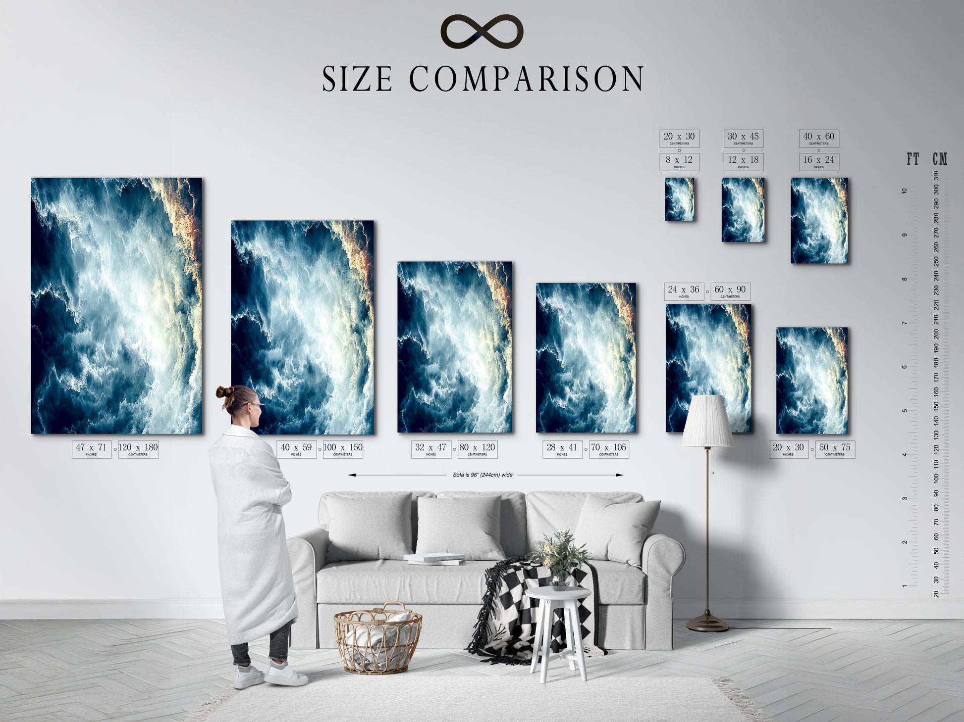 Size comparison chart displayed in an interior setting. See how this modern abstract cloudscape artwork fits your space. Visualize the impact of this teal wall art. Choose the perfect size for your living room bedroom or office. Enhance your decor today.