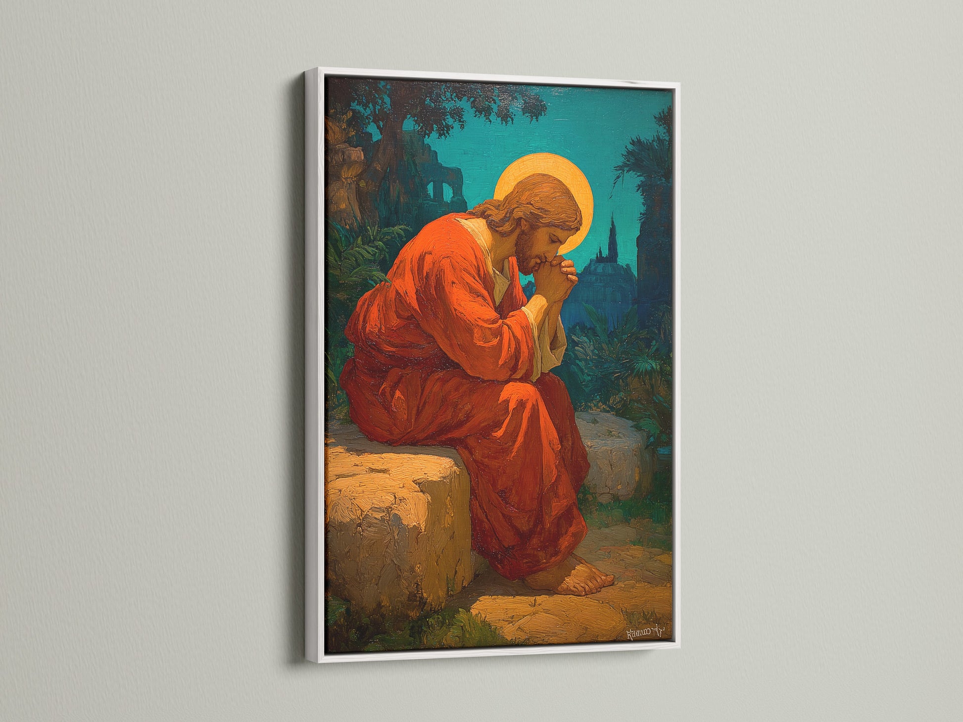 The art is beautifully displayed in a clean white frame. The white frame offers a modern look. It is perfect for contemporary art. This frame enhances the artwork. It is minimalist. The white frame highlights the colors. It is an excellent choice for any room. The frame provides a fresh look.