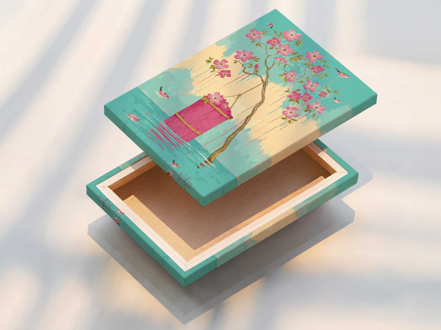 This is a stretched canvas print showcasing the beautiful floral blossom artwork. It features pink flowers and birds. The stretched canvas provides a gallery-quality look. It enhances the artworkโs colors and details.