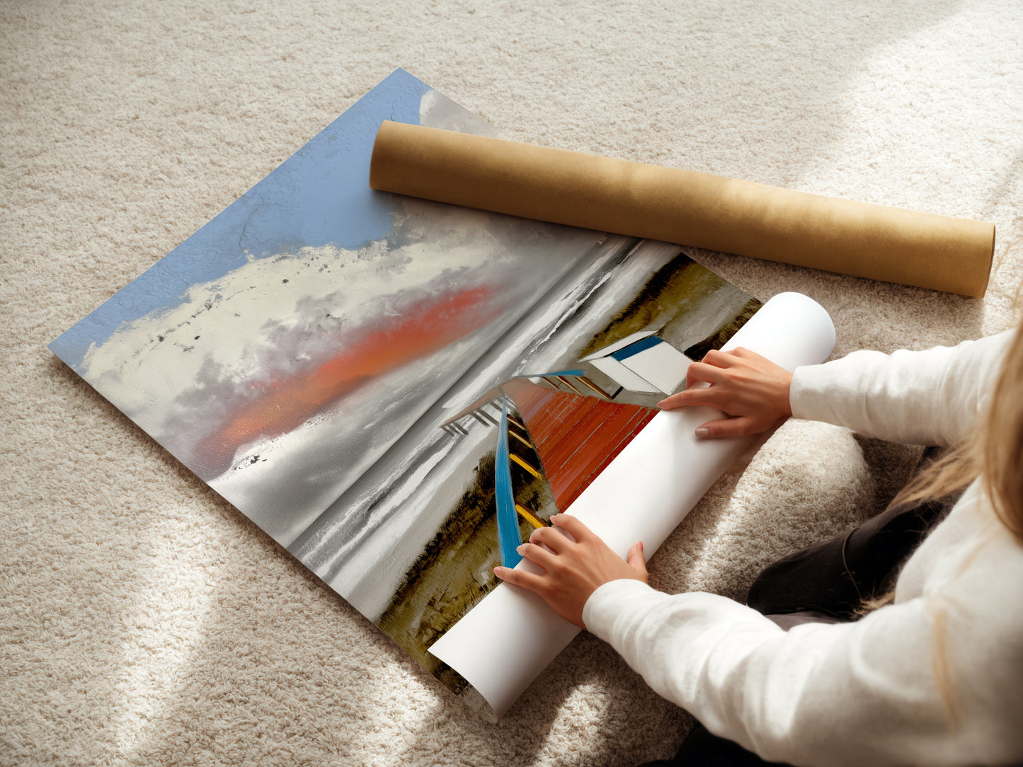 A woman is carefully rolling a fine art poster paper. The paper showcases a beautiful coastal artwork. This seascape painting is ready to be framed and displayed. Perfect for adding a touch of the ocean to your home decor. Ideal for art enthusiasts.