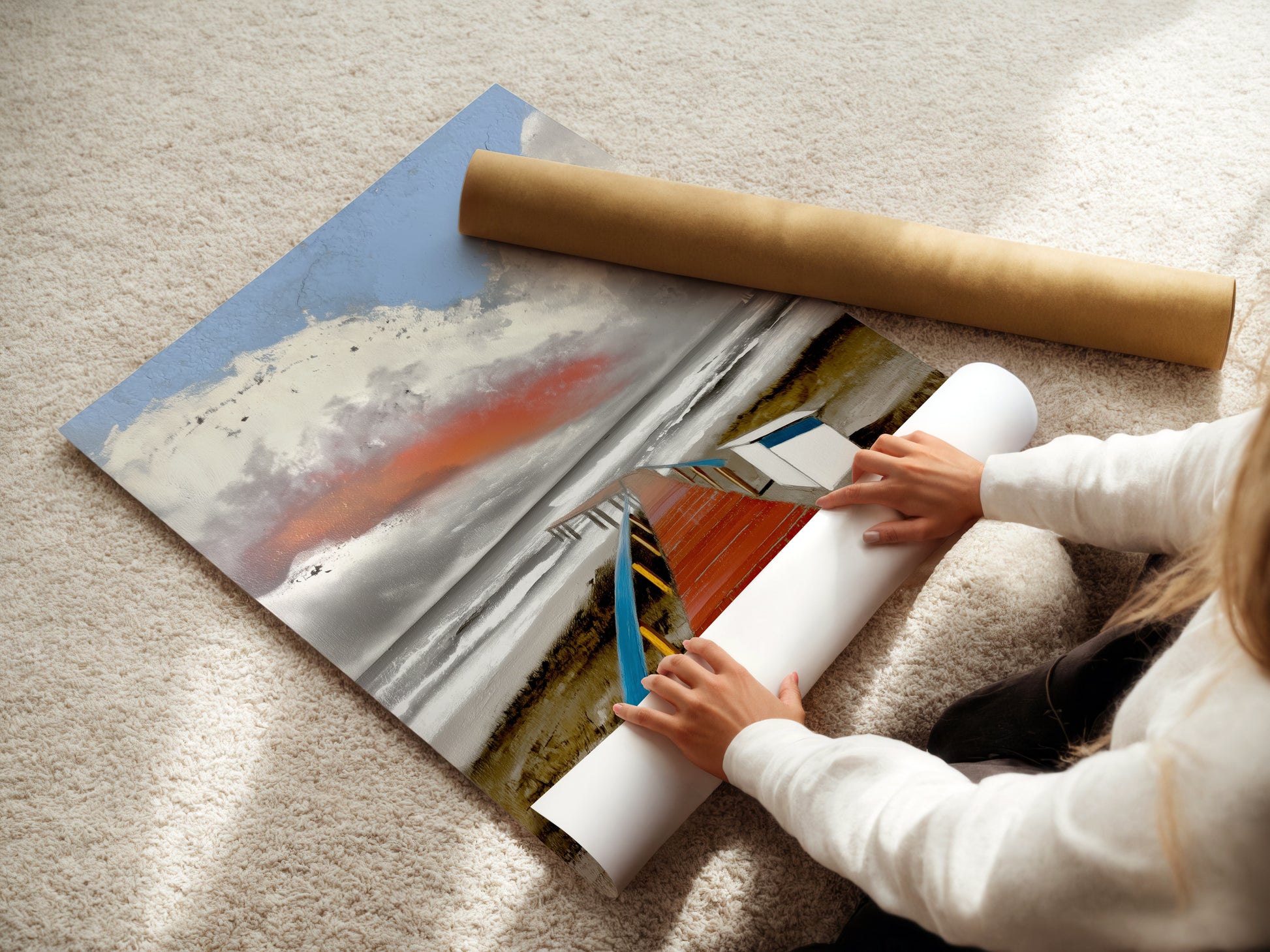 A woman is carefully rolling a fine art poster paper. The paper showcases a beautiful coastal artwork. This seascape painting is ready to be framed and displayed. Perfect for adding a touch of the ocean to your home decor. Ideal for art enthusiasts.