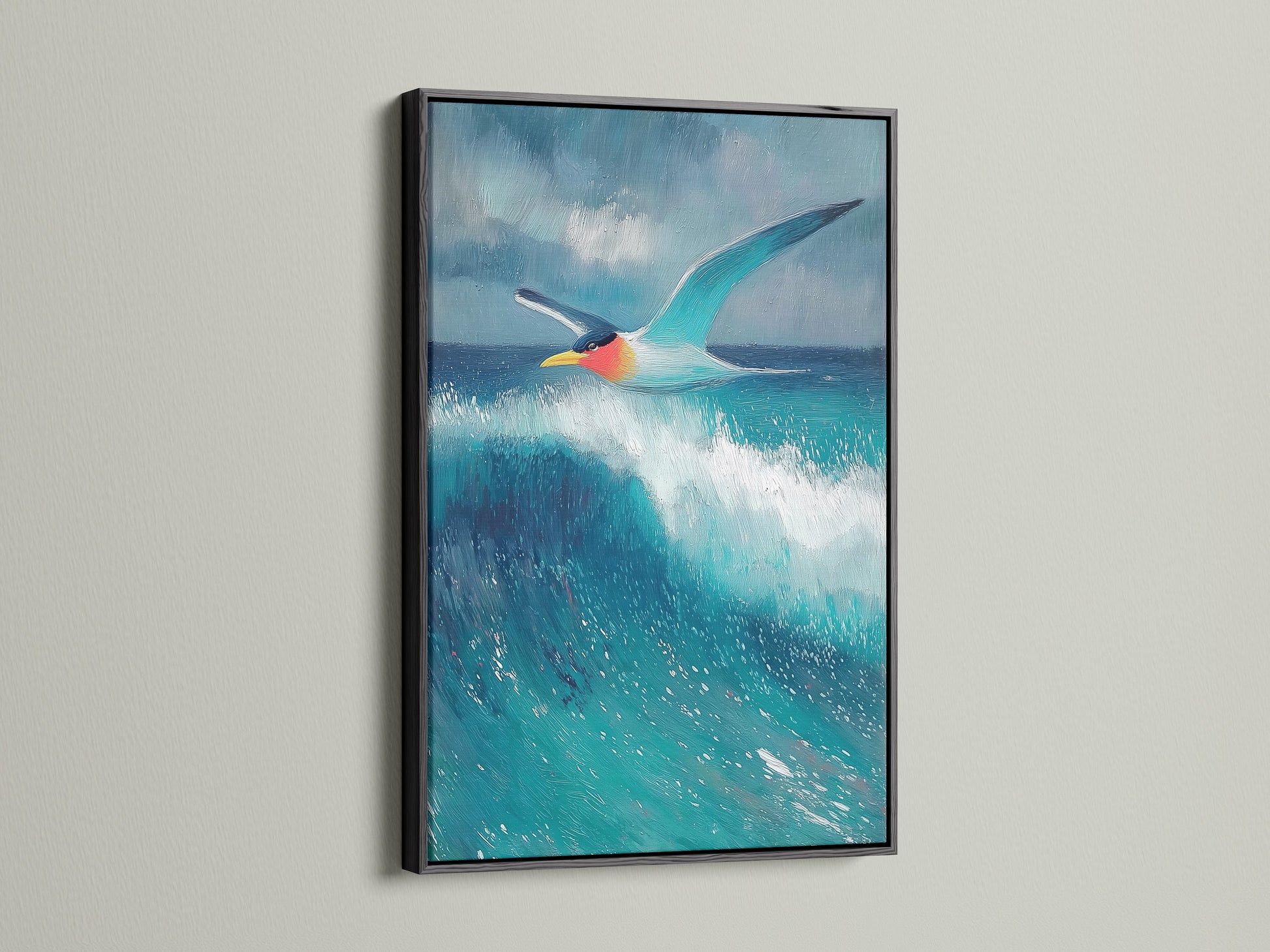 Seagull artwork with a black frame. The coastal artwork is ideal for clinics cafรฉs and boardrooms. This ocean waves artwork fits minimalist Scandinavian or coastal styles. It's versatile.