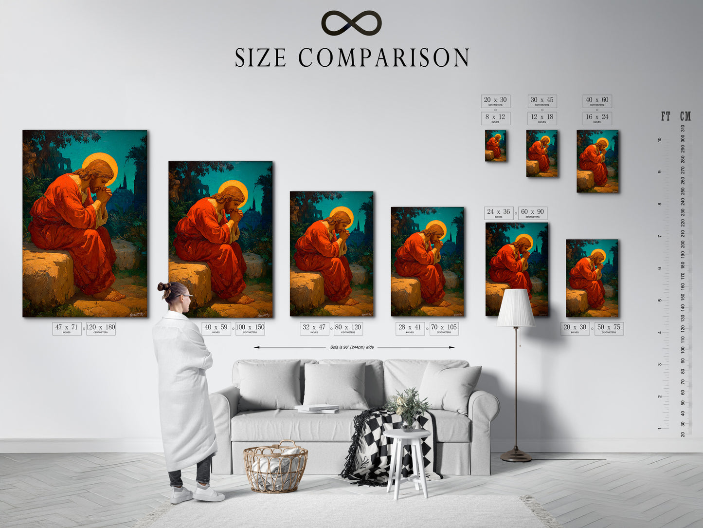 This is a size comparison chart displayed in an interior setting. The chart helps visualize artwork dimensions. It is useful for planning your space. The chart shows various sizes. It allows you to select the perfect piece. It helps you envision how art will fit. The chart is a valuable tool. This ensures a perfect fit.