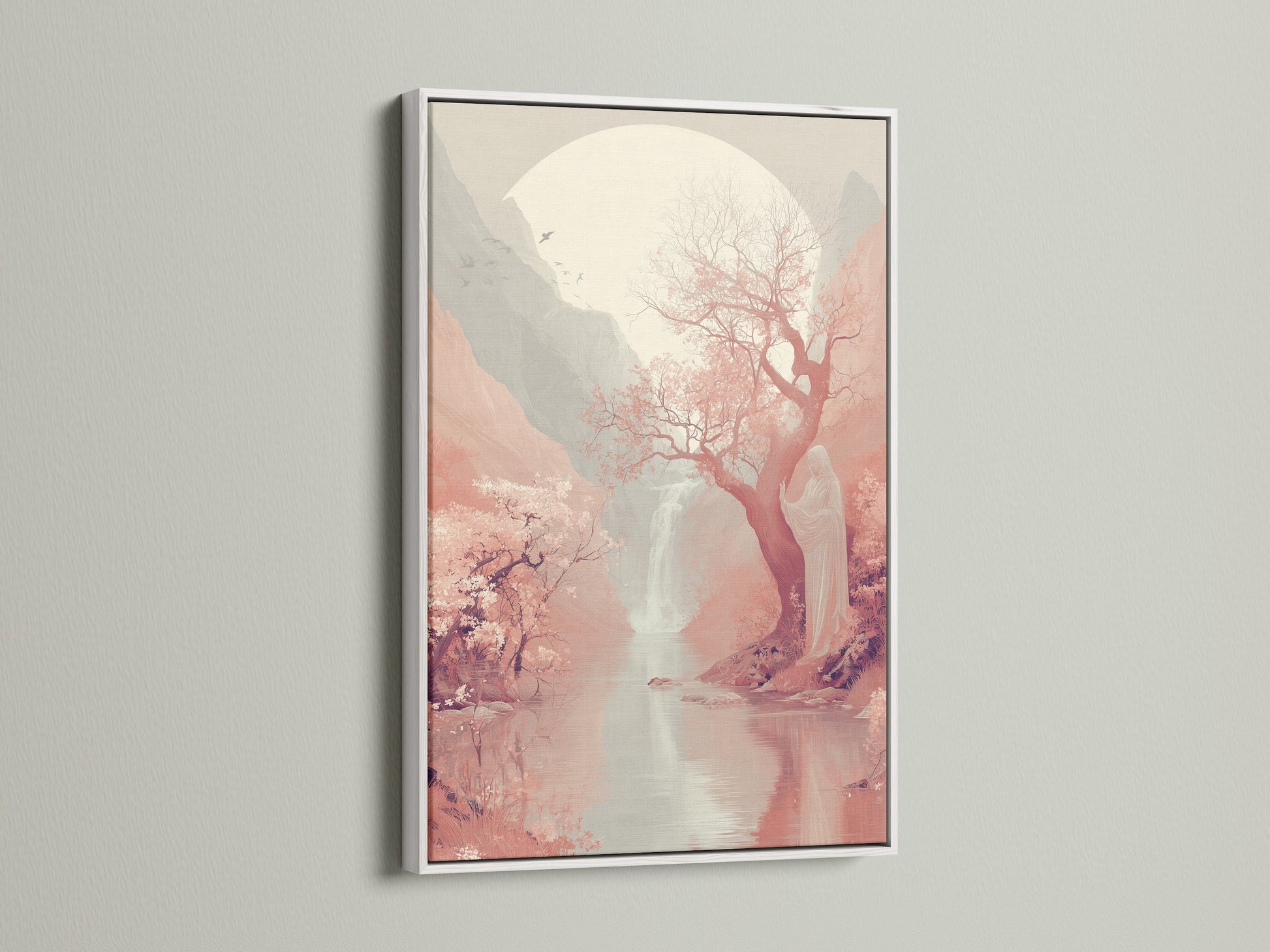 White frame featuring a Sakura Tree Canvas Print. The Japanese Moon Wall Artwork adds elegance. Perfect as zen wall decor for a peaceful ambiance. This artwork complements minimalist styles beautifully.