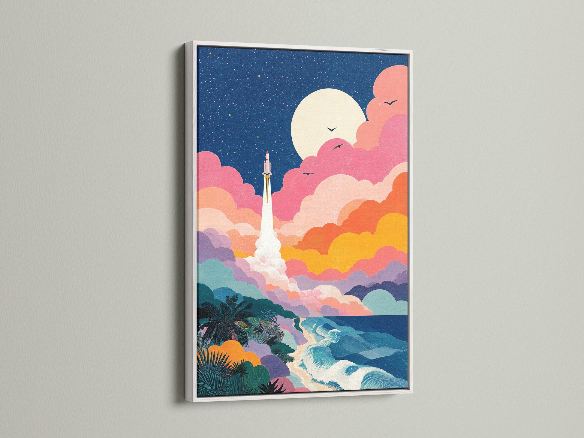 This art print is framed in a clean white frame. The artwork presents a rocket launch with a celestial sky. The white frame enhances the artwork. It creates a modern and fresh look. Find the perfect white frame for your art.