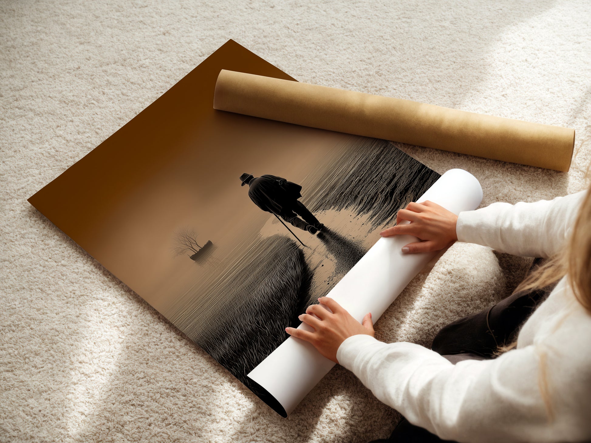 A woman carefully rolling a fine art poster paper. She is preparing it for framing or display. This highlights the care and attention to detail. The poster paper is high-quality. It ensures vibrant colors and sharp details. Perfect for art enthusiasts.