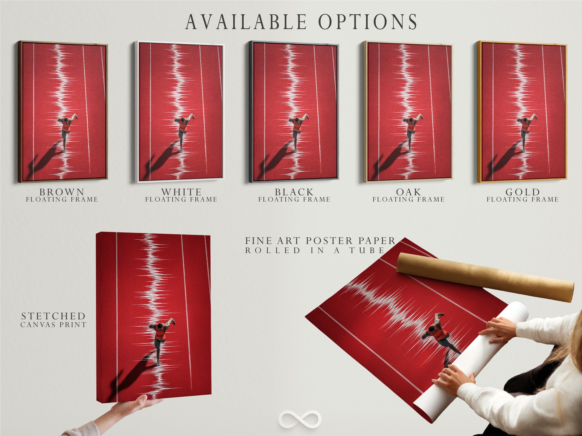 Available options for the artwork are displayed. Choose from stretched canvas print fine art poster paper or floating frame. Customize the artwork to your liking. Find the perfect presentation for your style. Explore all our options today.