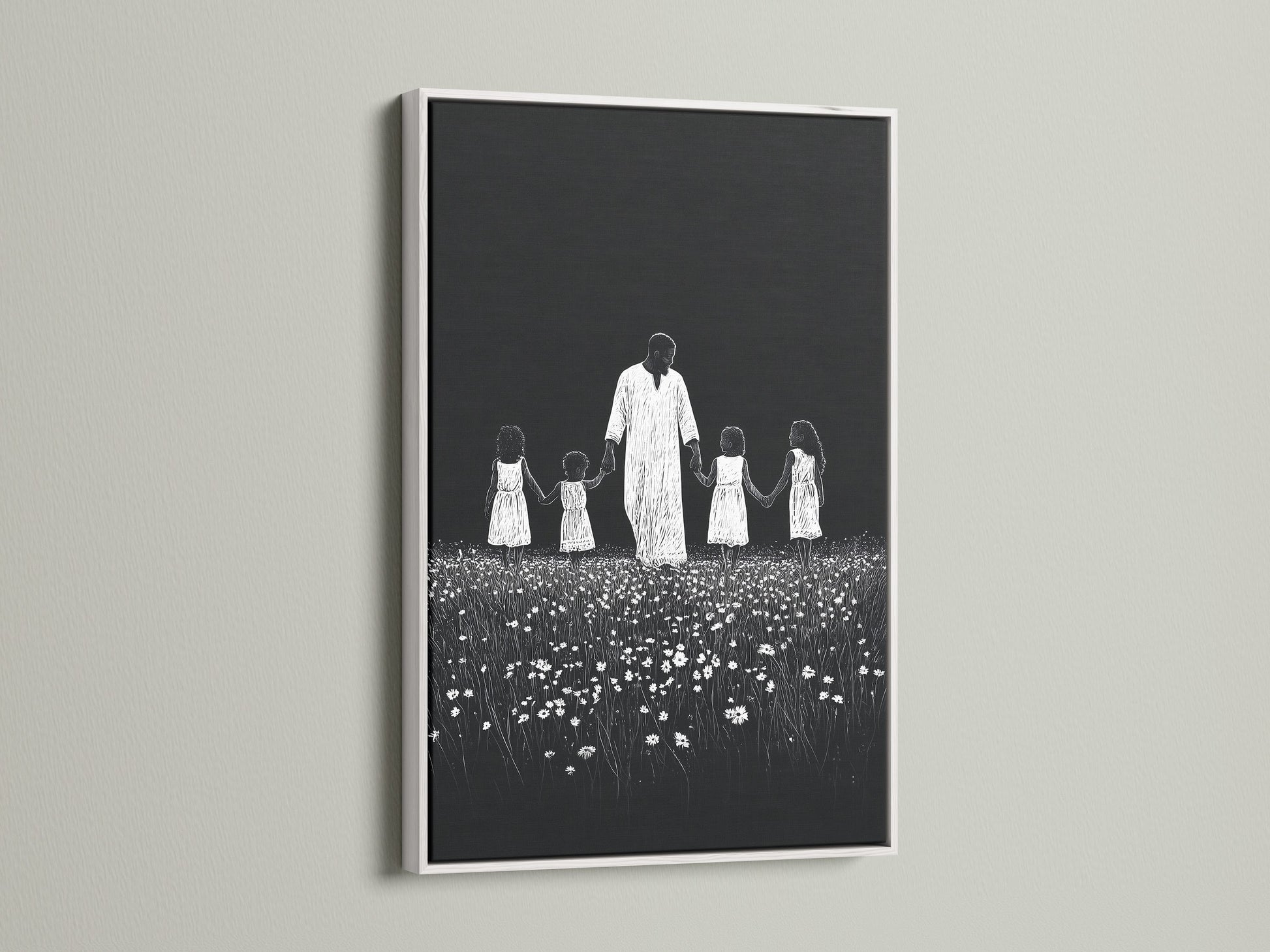 Artwork with a white frame. The art features a symbolic depiction. It shows a man holding hands with children in a field of flowers. The white frame offers a clean and modern look. This frame ensures the artwork stands out.