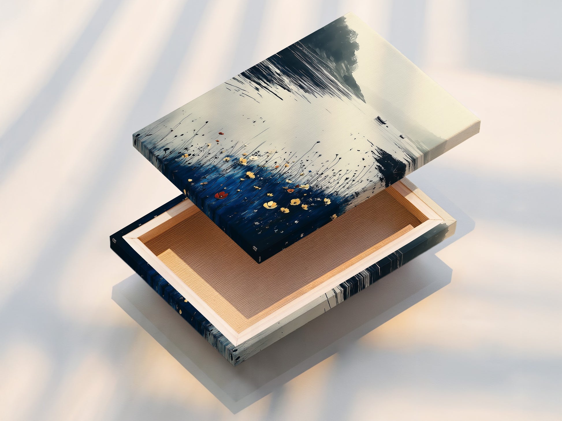 A beautifully stretched canvas print of coastal artwork. The serene lake art captures a tranquil landscape with blue and beige tones. This nature print enhances minimalist coastal and farmhouse decor. Perfect for creating a calming atmosphere in any living space. Discover the elegance of lake canvas prints.