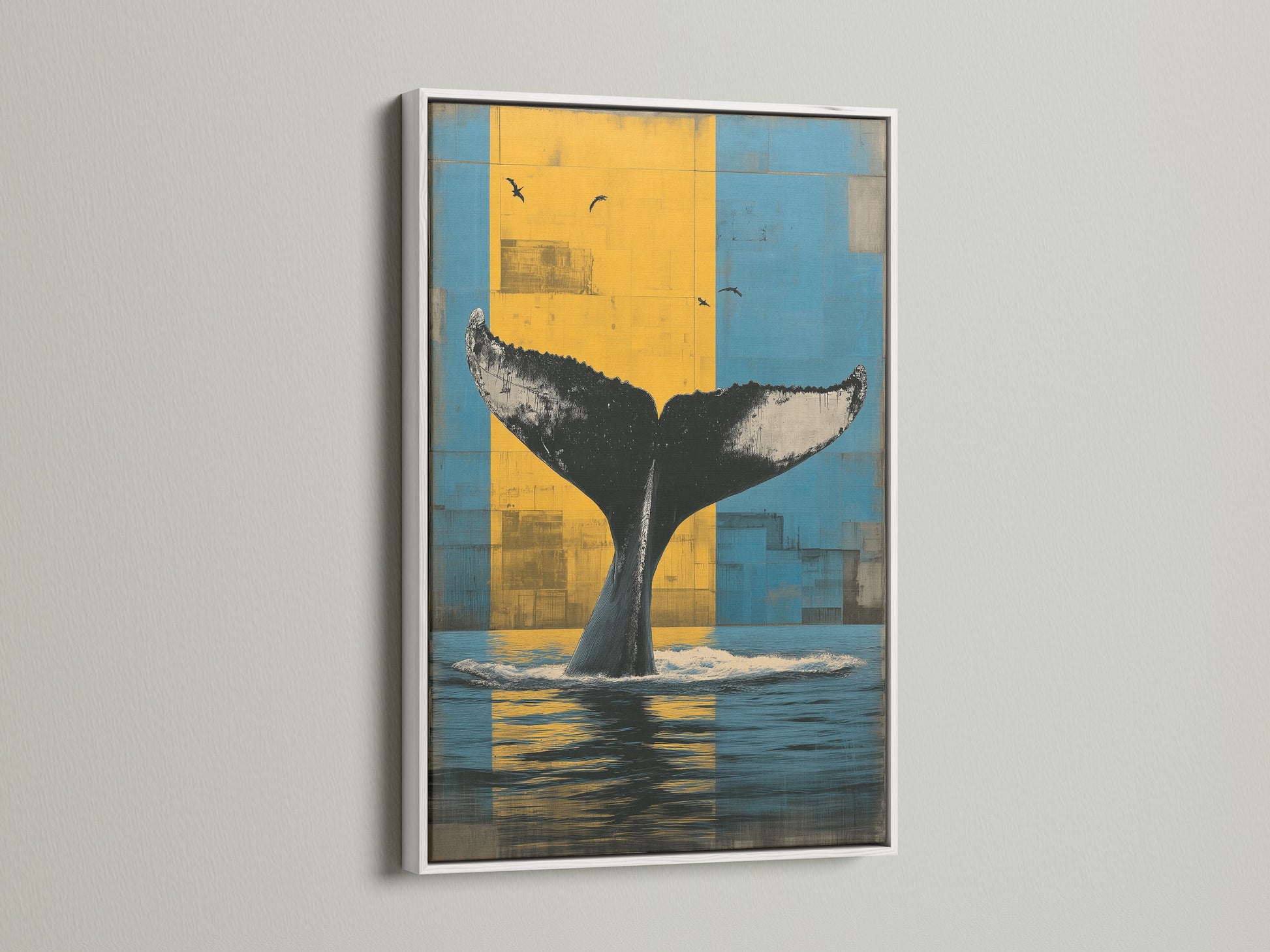 Whale Tail artwork in a white frame. The artwork is a marine canvas. The colors are blue and yellow. This whale print adds a coastal touch to your home. It is ideal for beach house decor and sea life art.