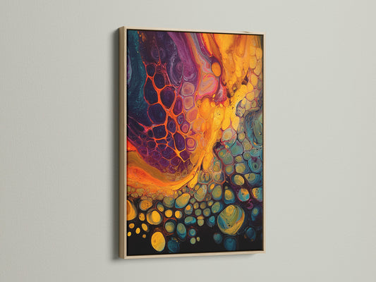 Discover the warmth of an oak frame. This frame enhances a colorful abstract artwork. The natural wood grain brings organic texture to the piece. Perfect for adding a touch of nature to your walls. A timeless choice for framing art.