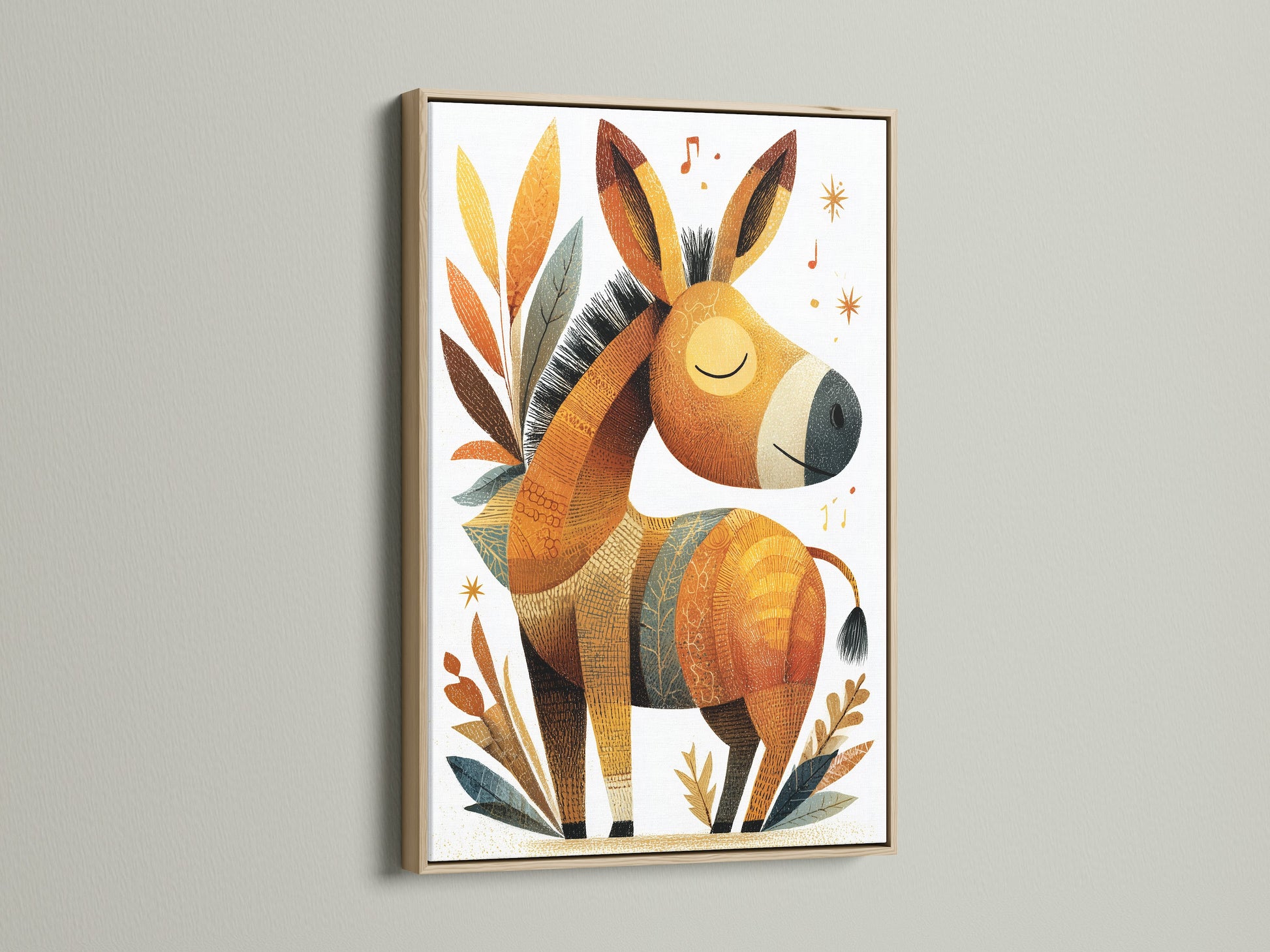 A delightful donkey artwork is showcased in an oak frame. The natural wood enhances the artwork's appeal. This framed art is perfect for adding warmth to your living space. It's a great choice for art lovers.