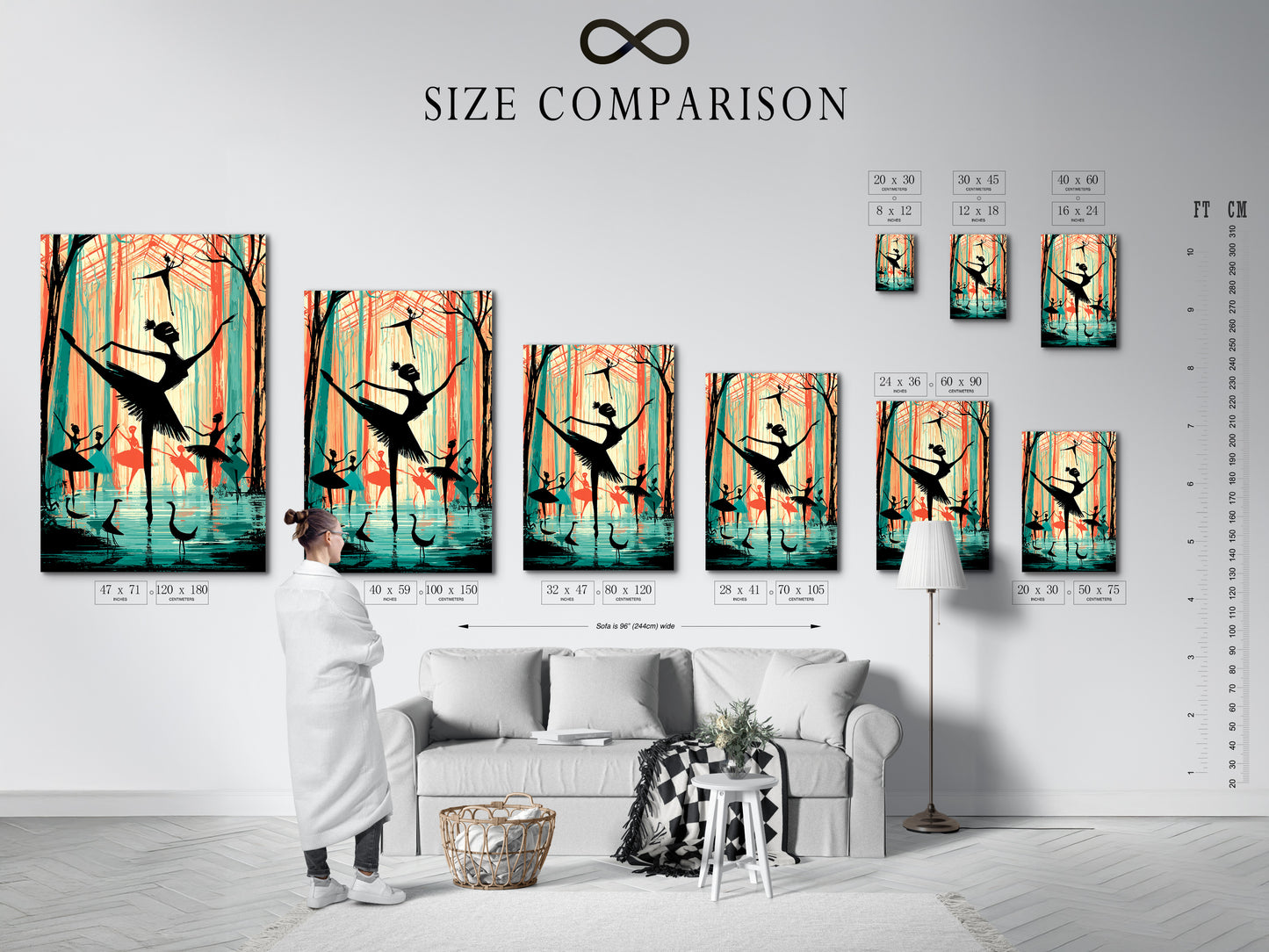 A size comparison chart is displayed in an interior setting. This chart helps visualize the artwork's dimensions. It ensures the perfect fit for your space. Choose the ideal size for your ballerina art.