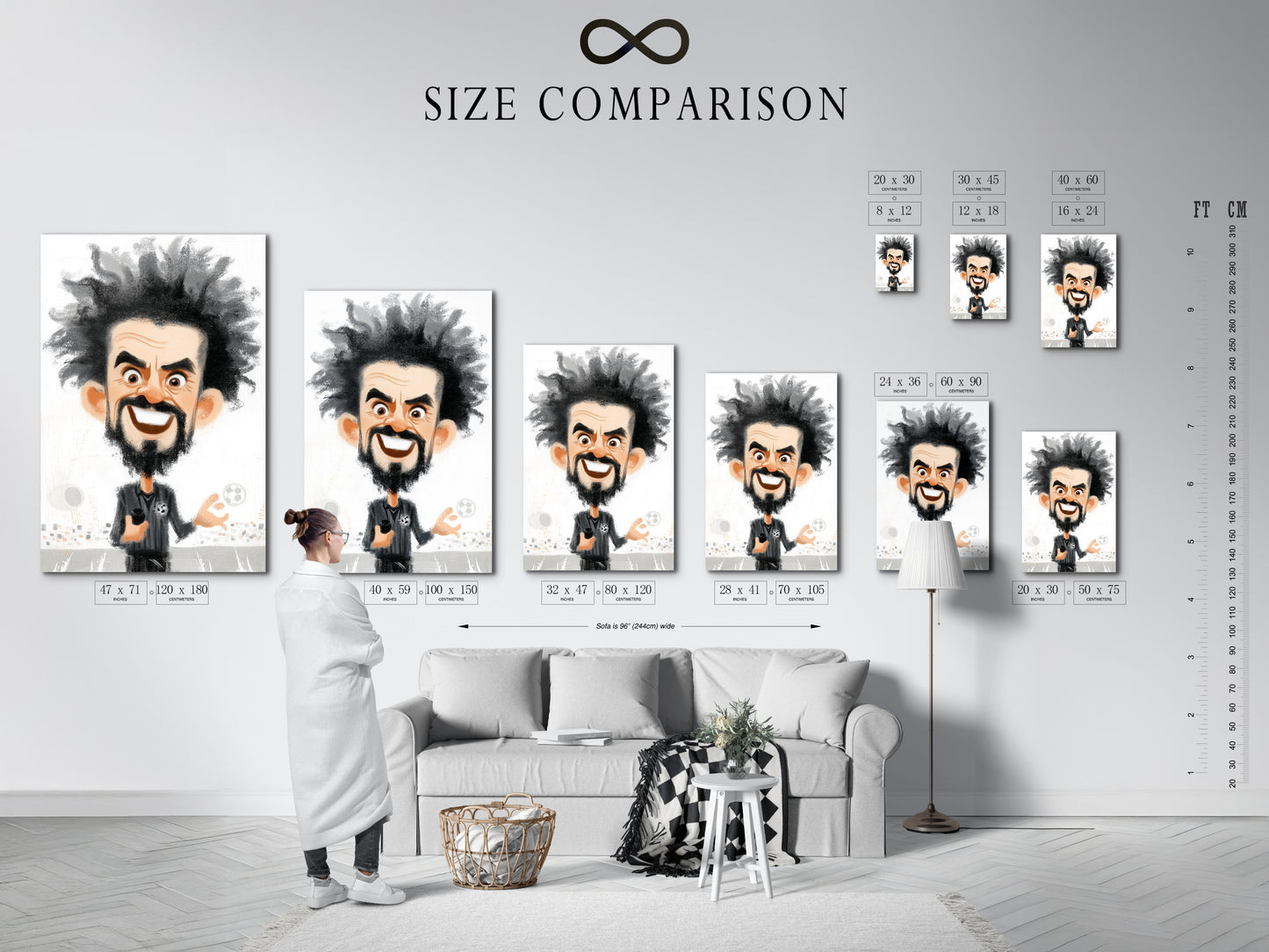 A size comparison chart shows the soccer coach caricature in an interior setting. See how this sports artwork fits various spaces. This cartoon canvas is a great gift for him. It also makes unique wall decor.